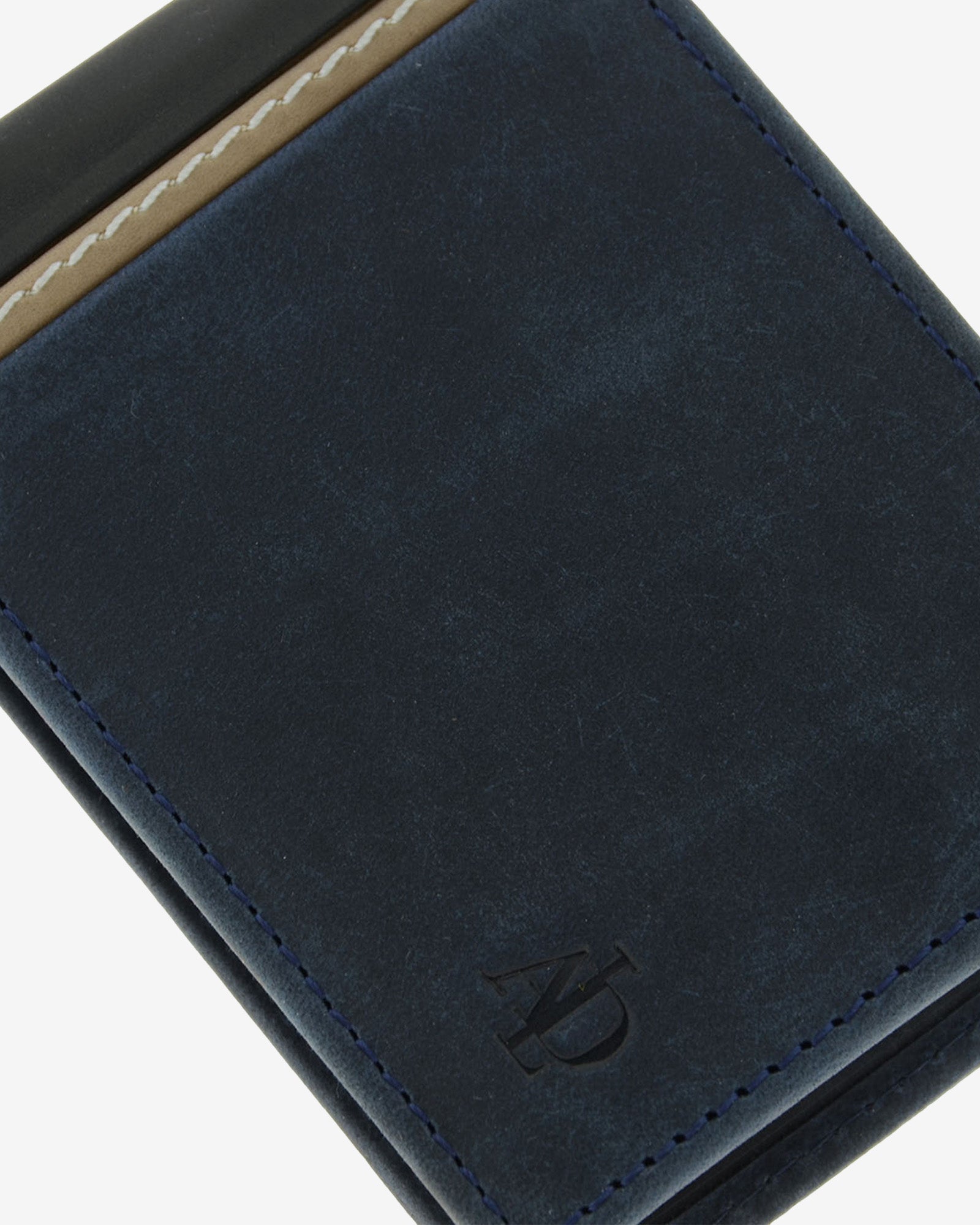 Cartera de hombre de piel genuina en color marino con negro, detalle de piel y acabados, referencia 1644-20