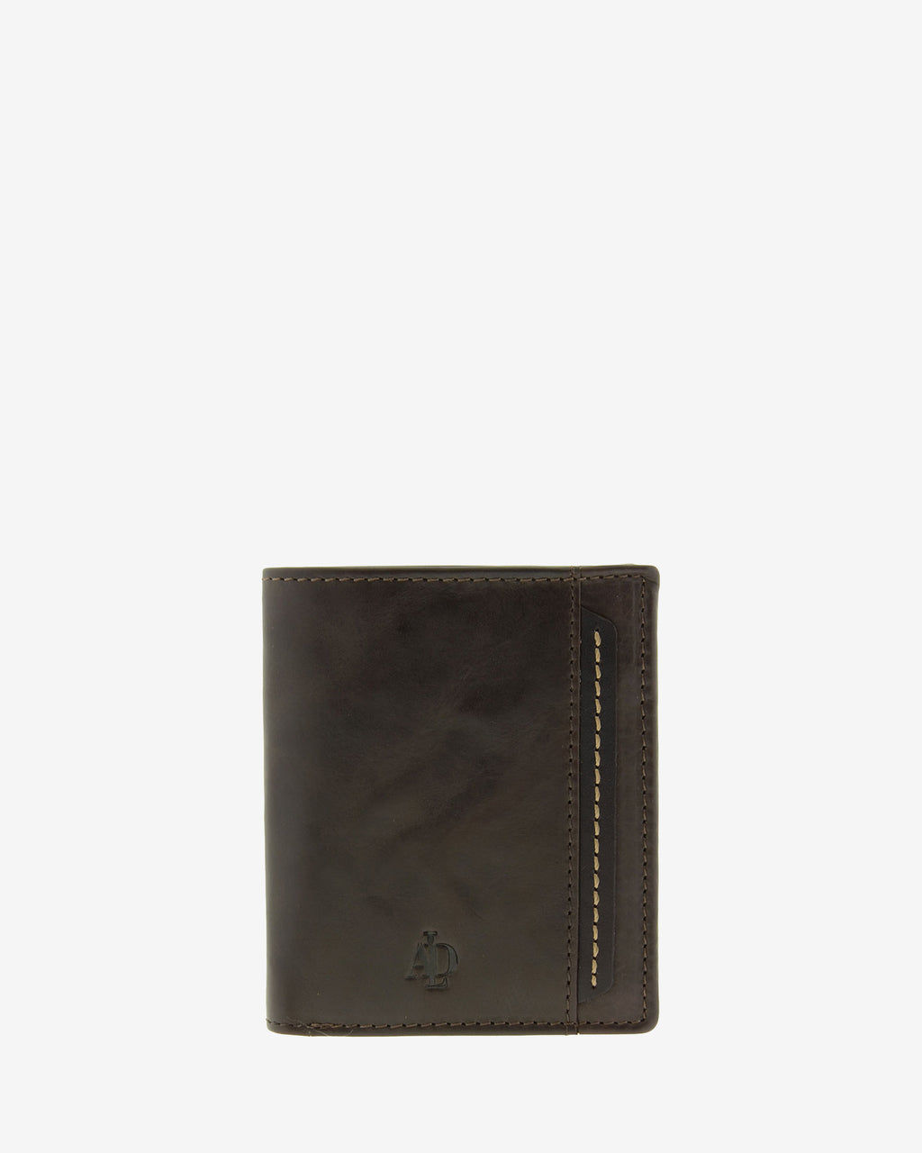 Cartera de hombre de piel genuina en color marrón con costura a contraste, vista frontal plana mostrando diseño, referencia 1645-2