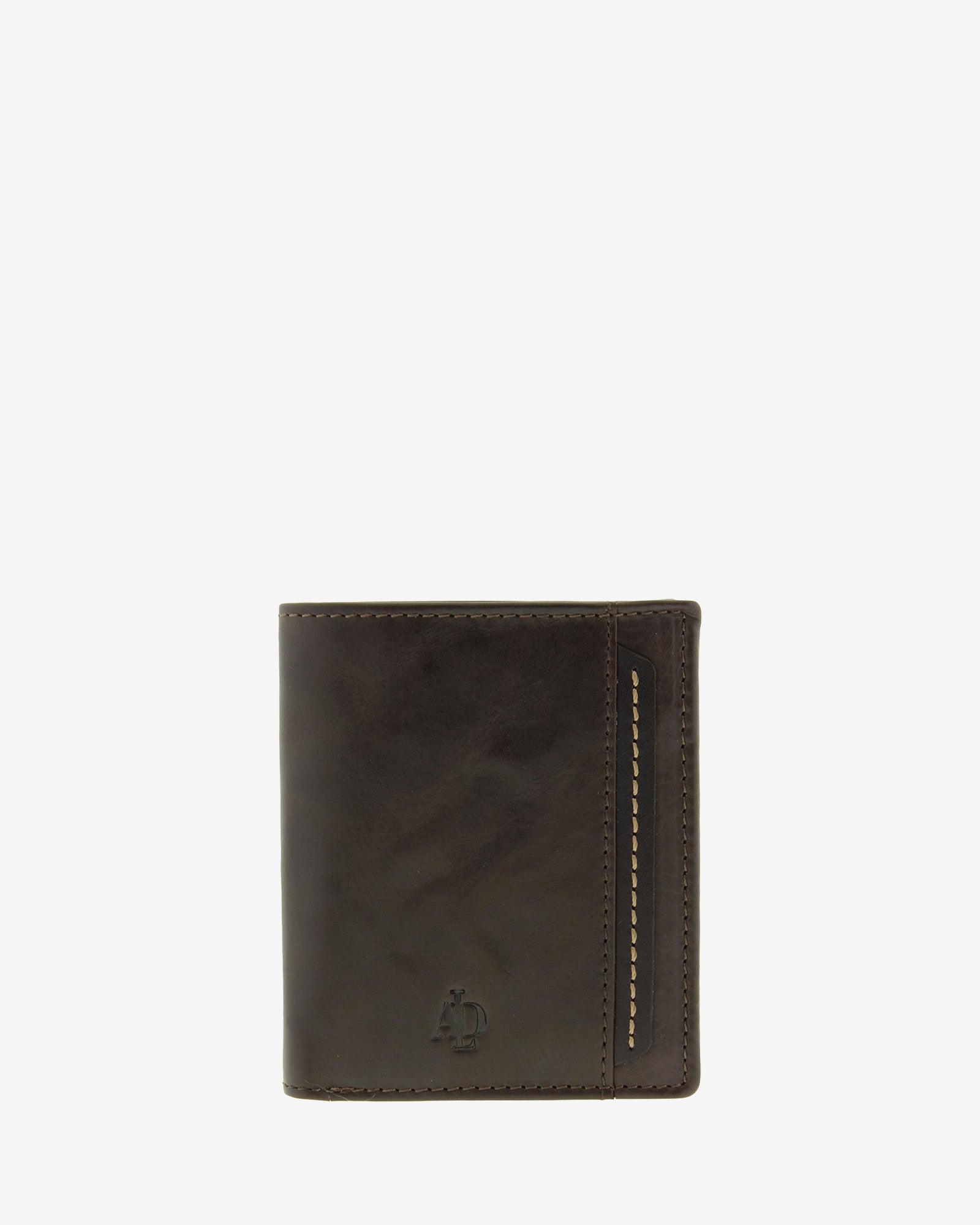 Cartera de hombre de piel genuina en color marrón con costura a contraste, vista frontal plana mostrando diseño, referencia 1645-2