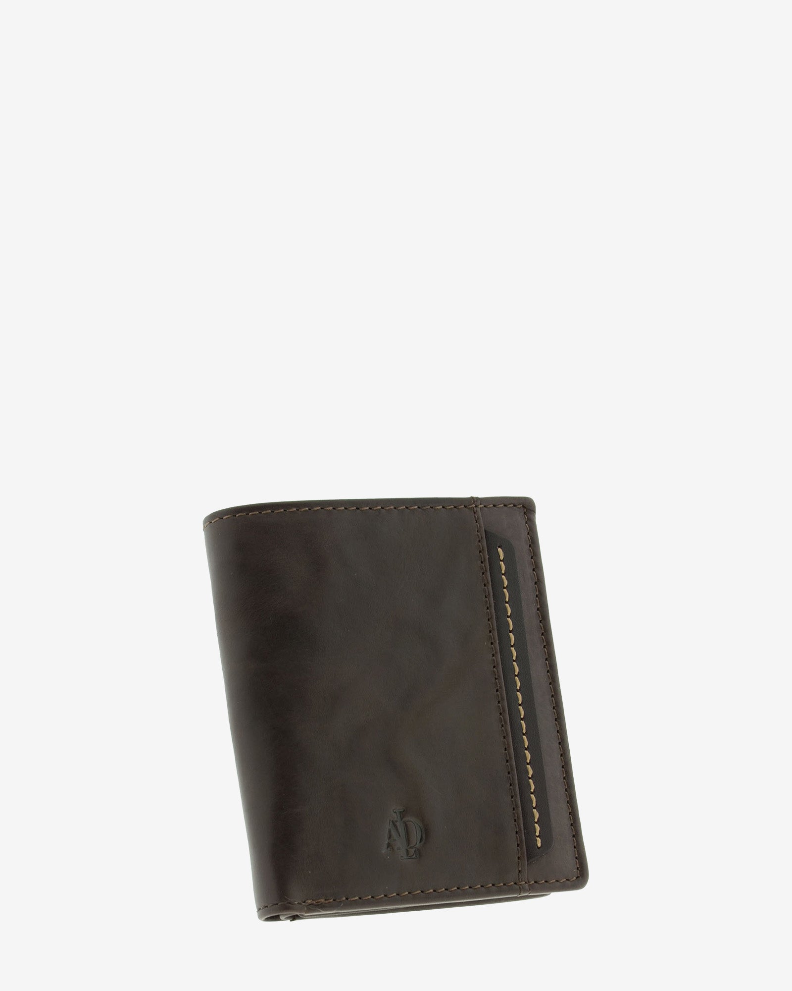 Cartera de hombre de piel genuina en color marrón con costura a contraste, vista frontal mostrando diseño y volumen, referencia 1645-2