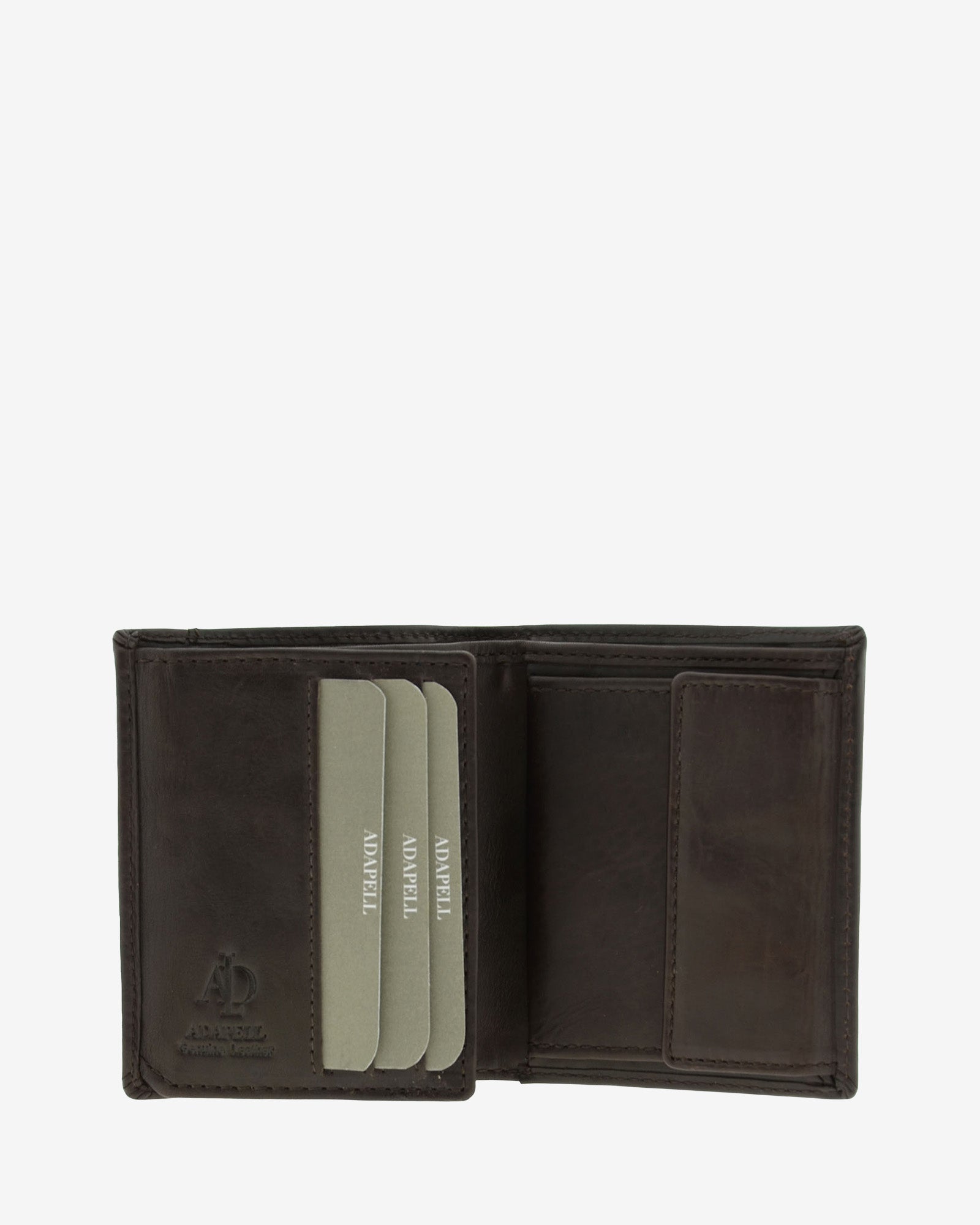 Cartera de hombre de piel genuina en color marrón con costura a contraste, vista interior mostrando compartimentos interiores y monedero, referencia 1645-2