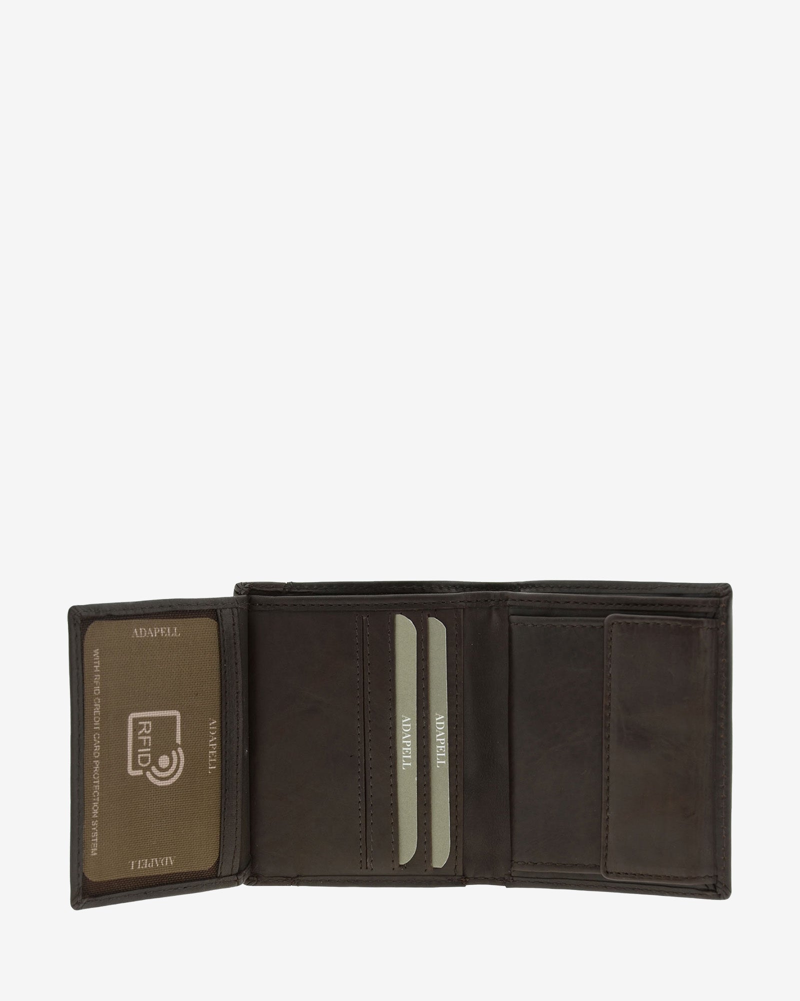 Cartera de hombre de piel genuina en color marrón con costura a contraste, vista interior abierta mostrando compartimentos interiores y monedero, referencia 1645-2