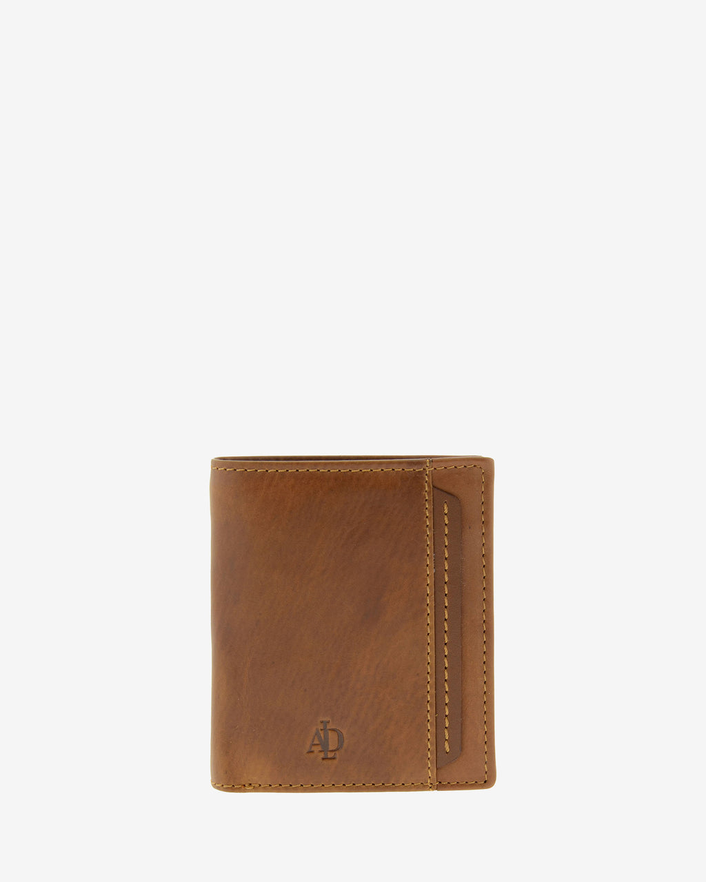 Cartera de hombre de piel genuina en color cuero con costura a contraste, vista frontal plana mostrando diseño, referencia 1645-26