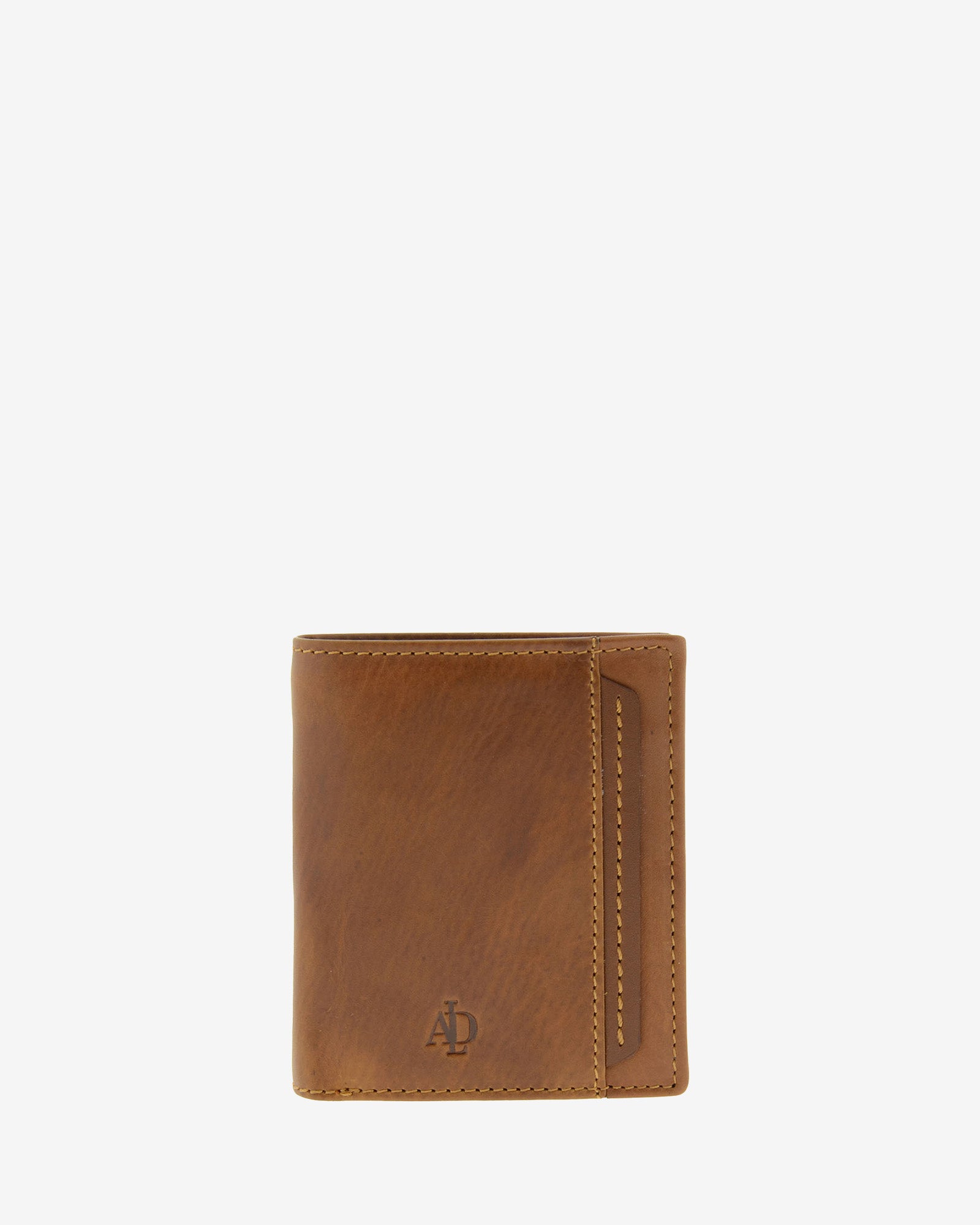 Cartera de hombre de piel genuina en color cuero con costura a contraste, vista frontal plana mostrando diseño, referencia 1645-26