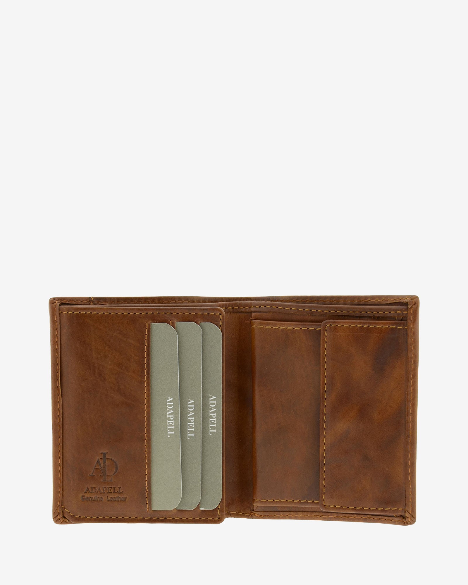 Cartera de hombre de piel genuina en color cuero con costura a contraste, vista interior mostrando compartimentos interiores y monedero, referencia 1645-6