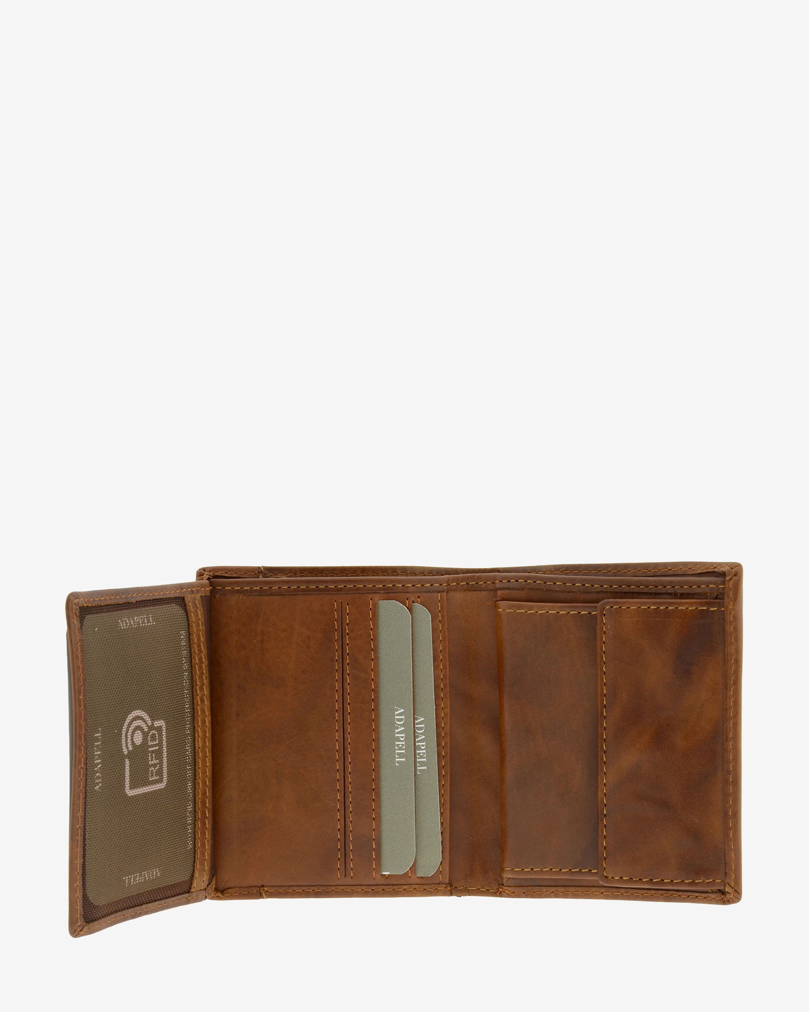 Cartera de hombre de piel genuina en color cuero con costura a contraste, vista interior abierta mostrando compartimentos interiores y monedero, referencia 1645-6