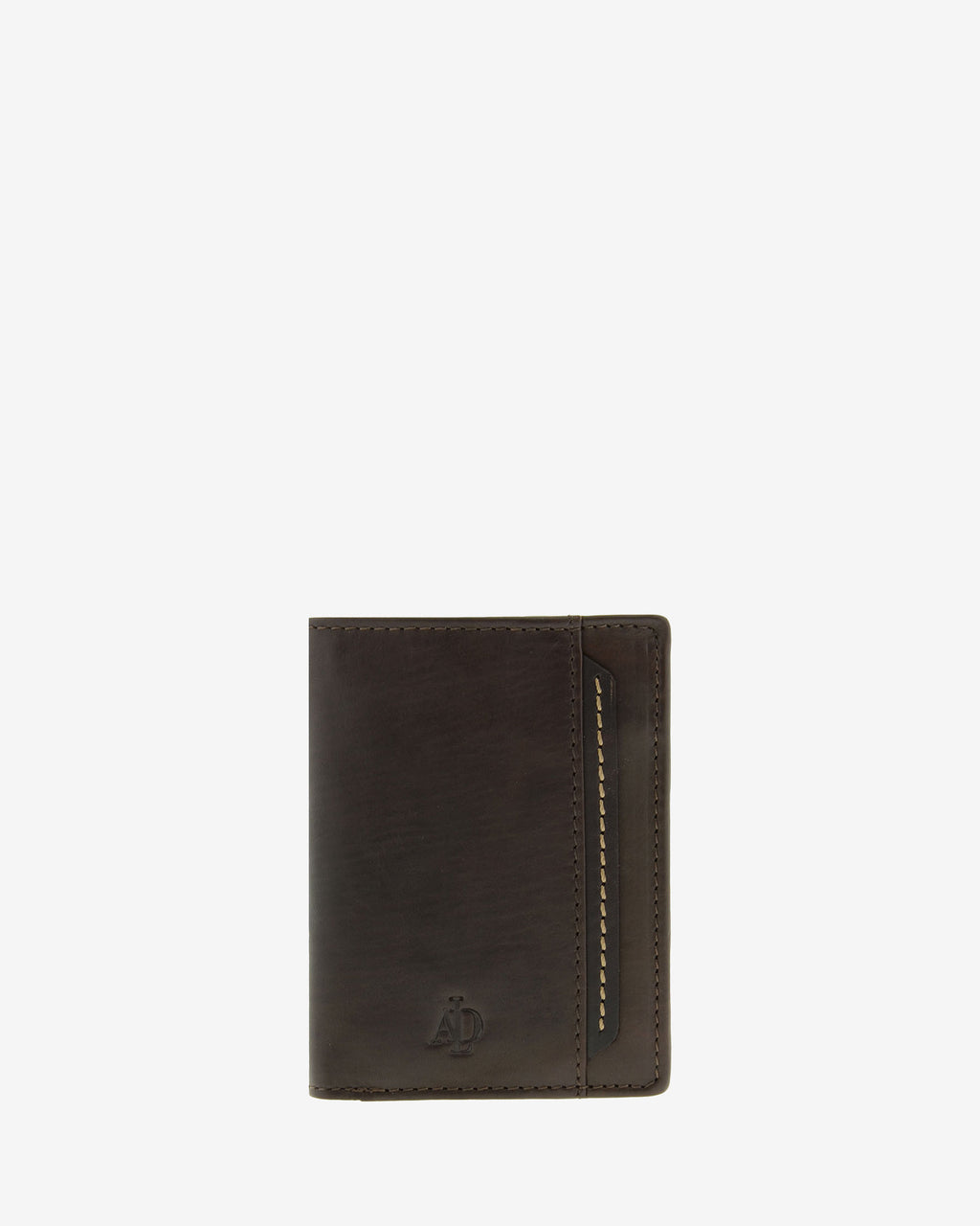 Cartera de hombre pequeña de piel genuina en color marrón con costura a contraste, vista frontal plana mostrando diseño, referencia 1646-2
