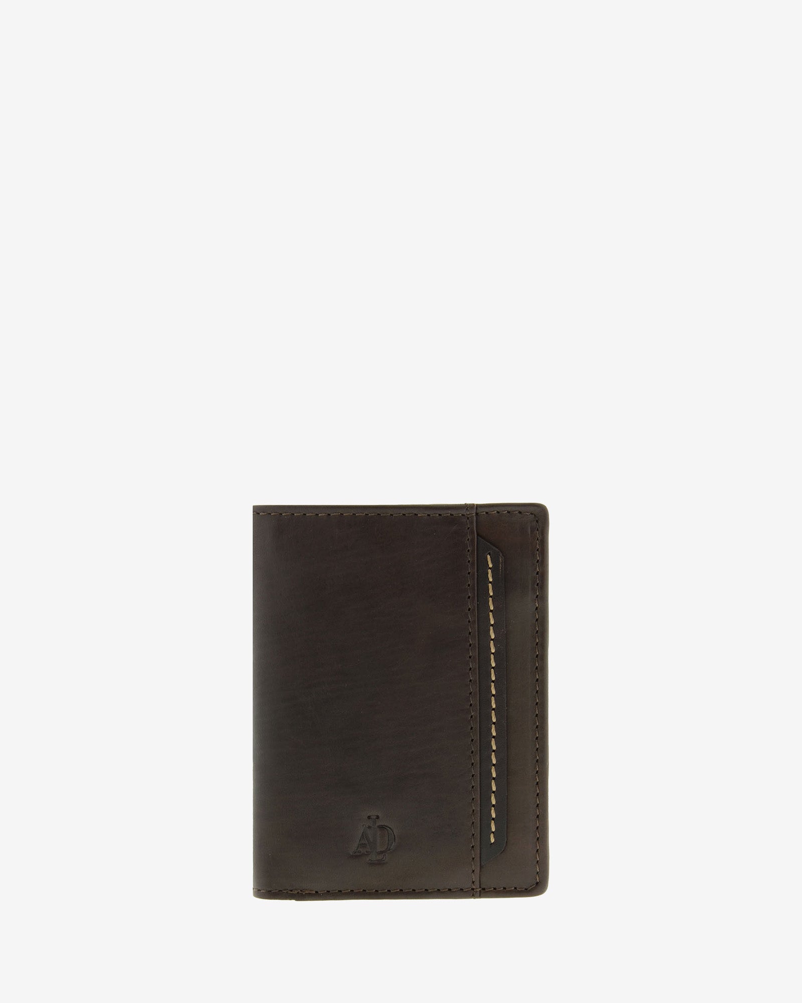 Cartera de hombre pequeña de piel genuina en color marrón con costura a contraste, vista frontal plana mostrando diseño, referencia 1646-2