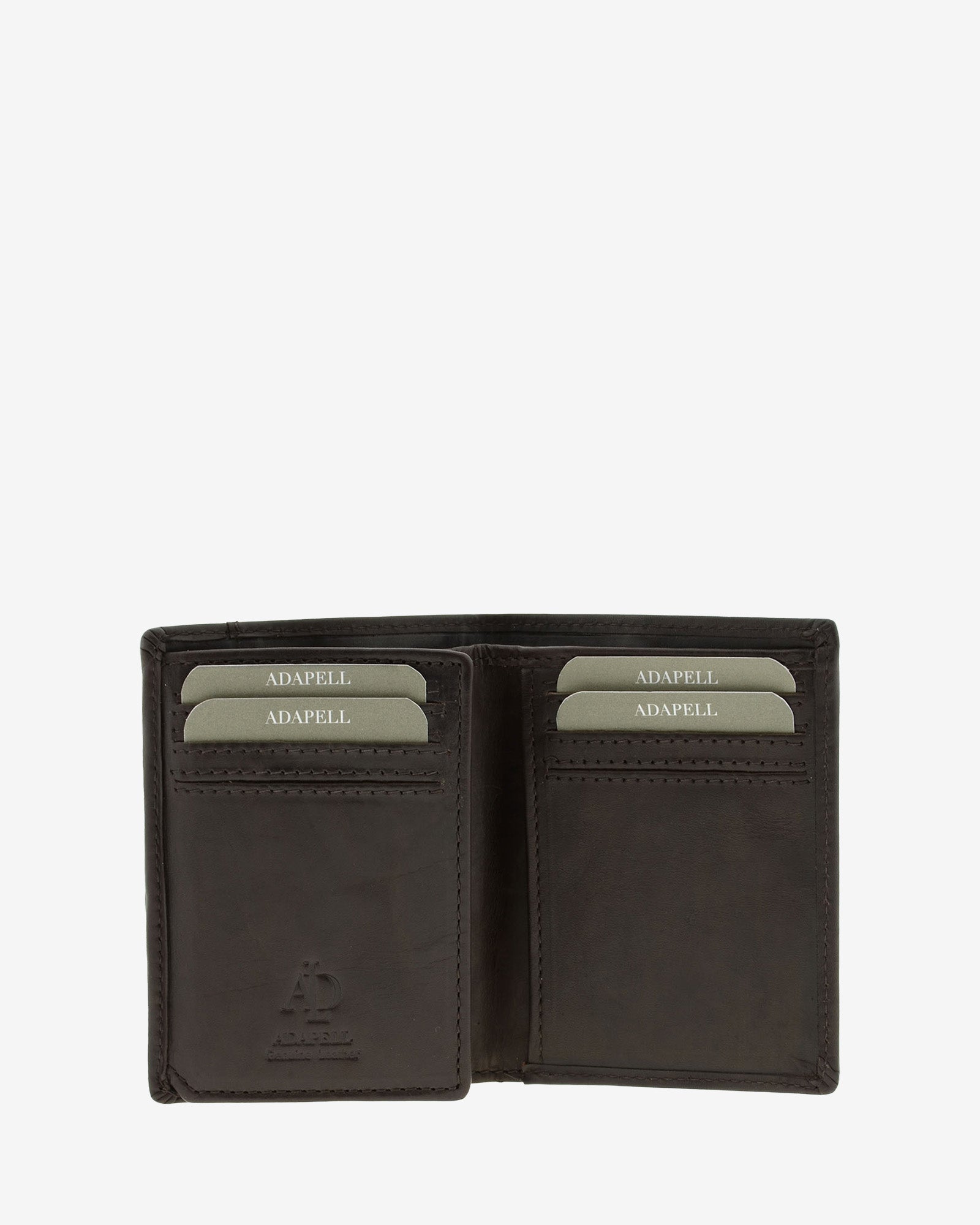 Cartera de hombre pequeña de piel genuina en color marrón con costura a contraste, vista interior mostrando compartimentos interiores, referencia 1646-2