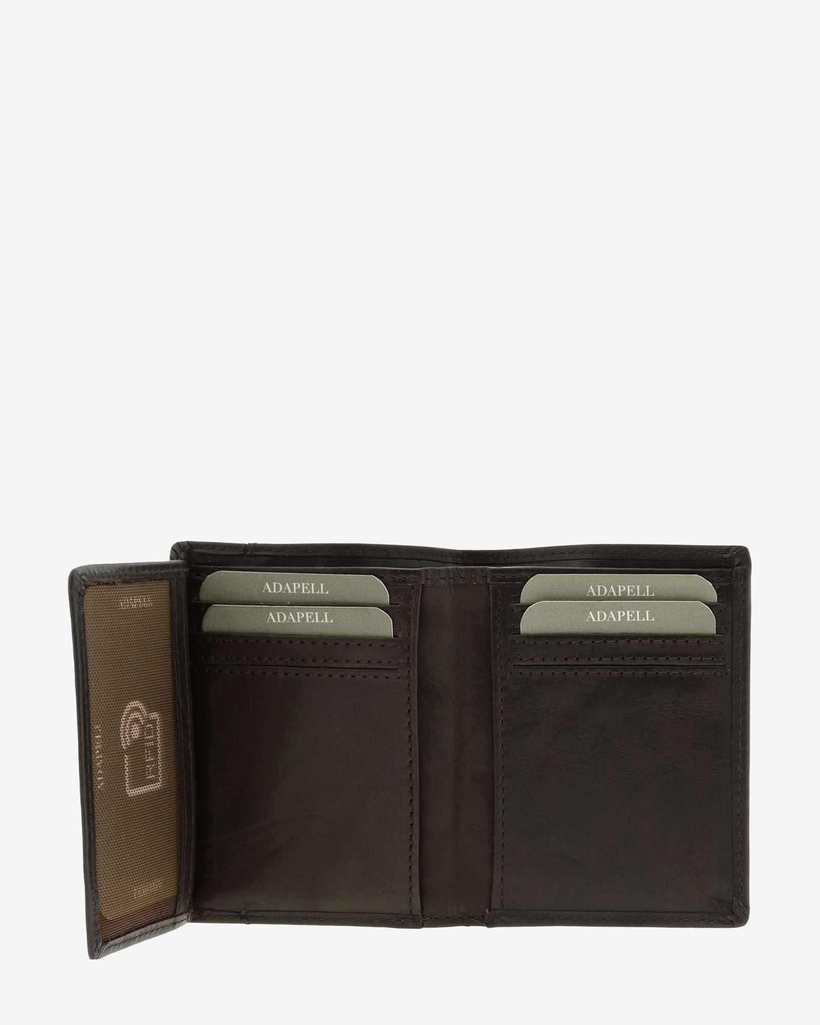 Cartera de hombre pequeña de piel genuina en color marrón con costura a contraste, vista interior abierta  mostrando compartimentos interiores, referencia 1646-2