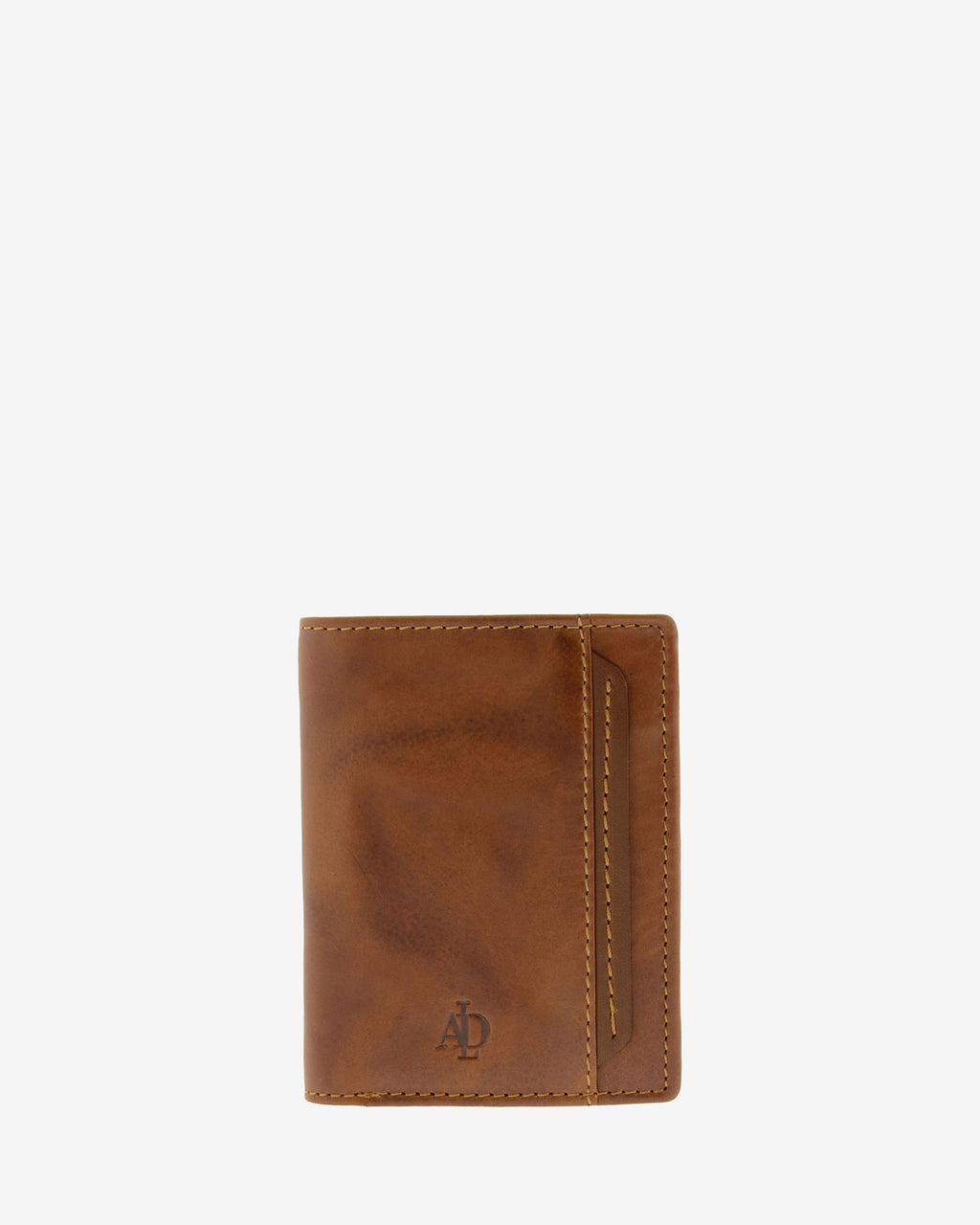 Cartera de hombre pequeña de piel genuina en color cuero con costura a contraste, vista frontal plana mostrando diseño, referencia 1646-6
