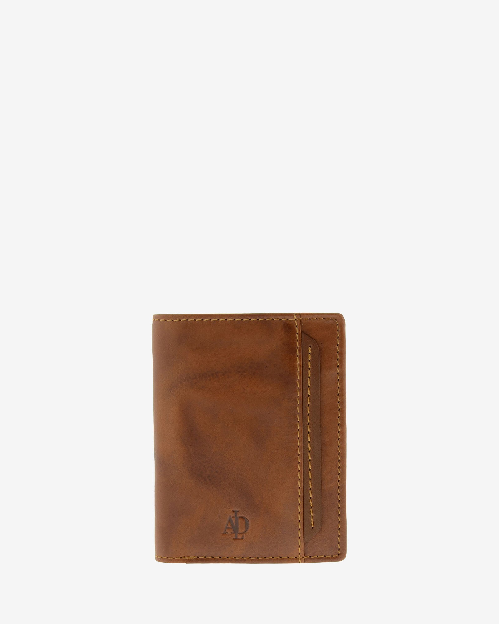 Cartera de hombre pequeña de piel genuina en color cuero con costura a contraste, vista frontal plana mostrando diseño, referencia 1646-6
