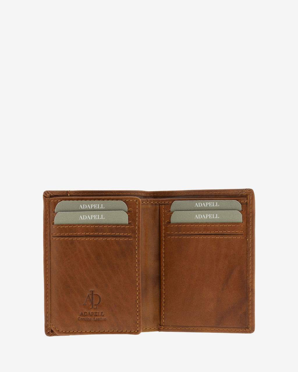 Cartera de hombre pequeña de piel genuina en color cuero con costura a contraste, vista interior mostrando compartimentos interiores referencia 1646-6