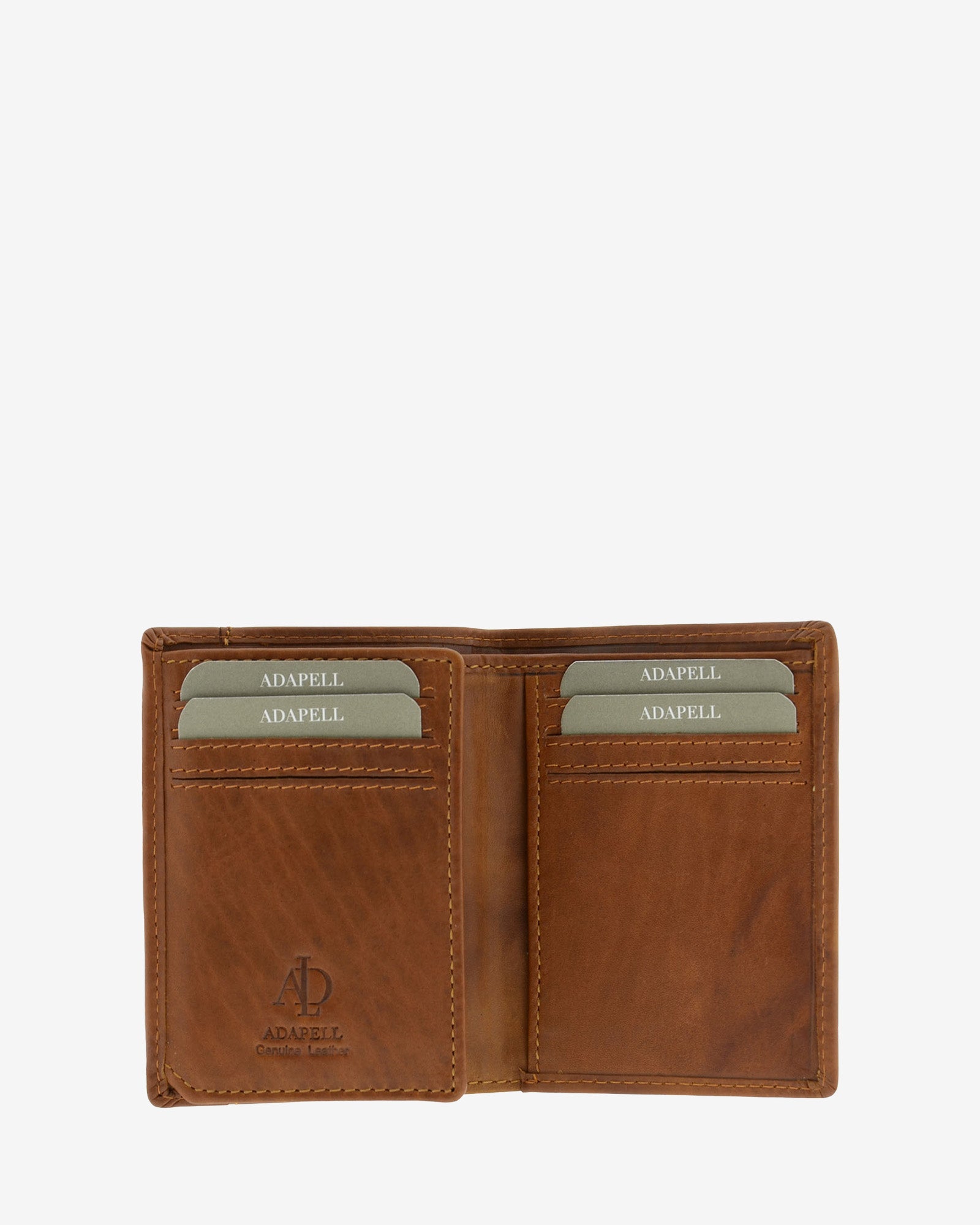 Cartera de hombre pequeña de piel genuina en color cuero con costura a contraste, vista interior mostrando compartimentos interiores referencia 1646-6