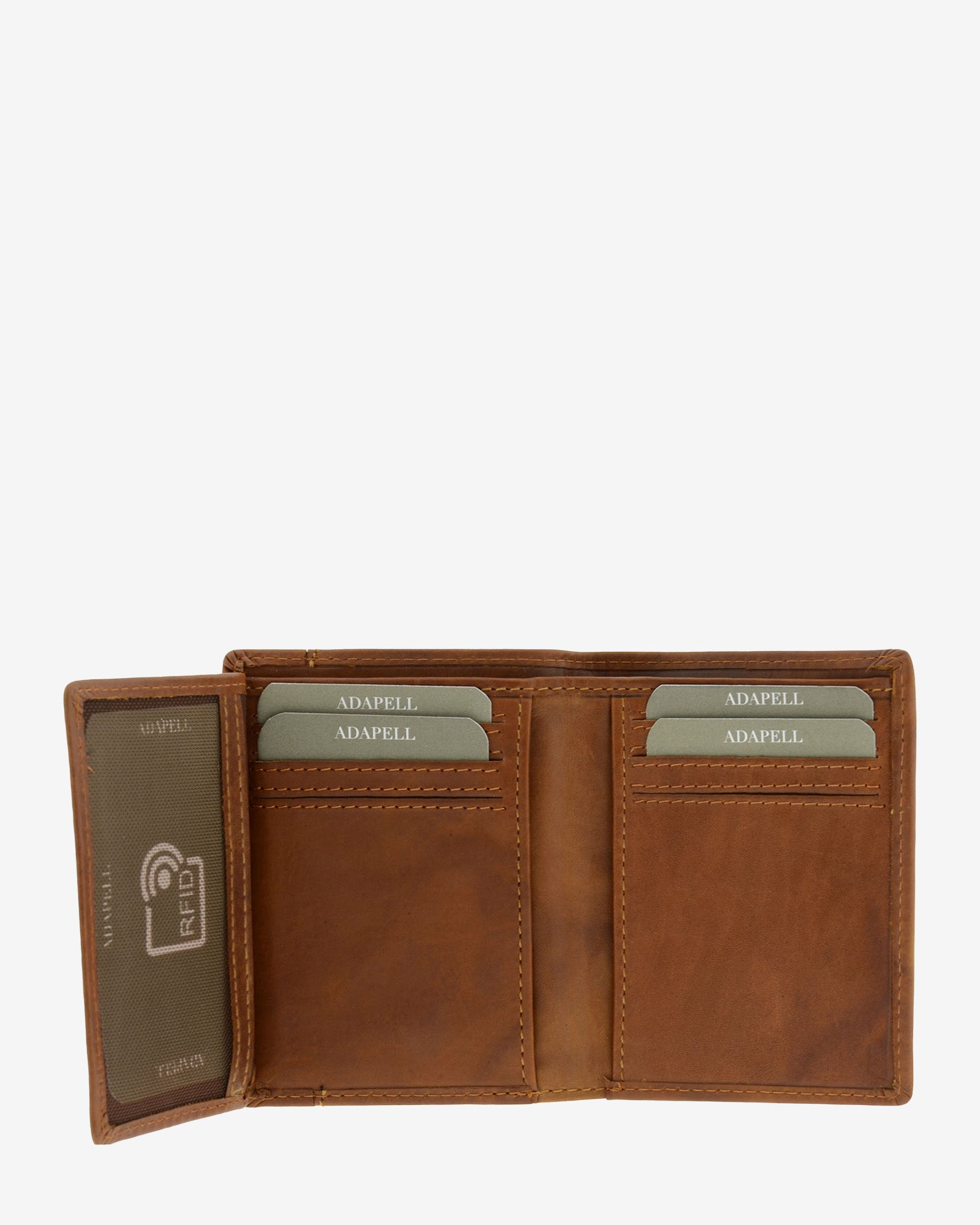 Cartera de hombre pequeña de piel genuina en color cuero con costura a contraste, vista interior abierta mostrando compartimentos interiores referencia 1646-6