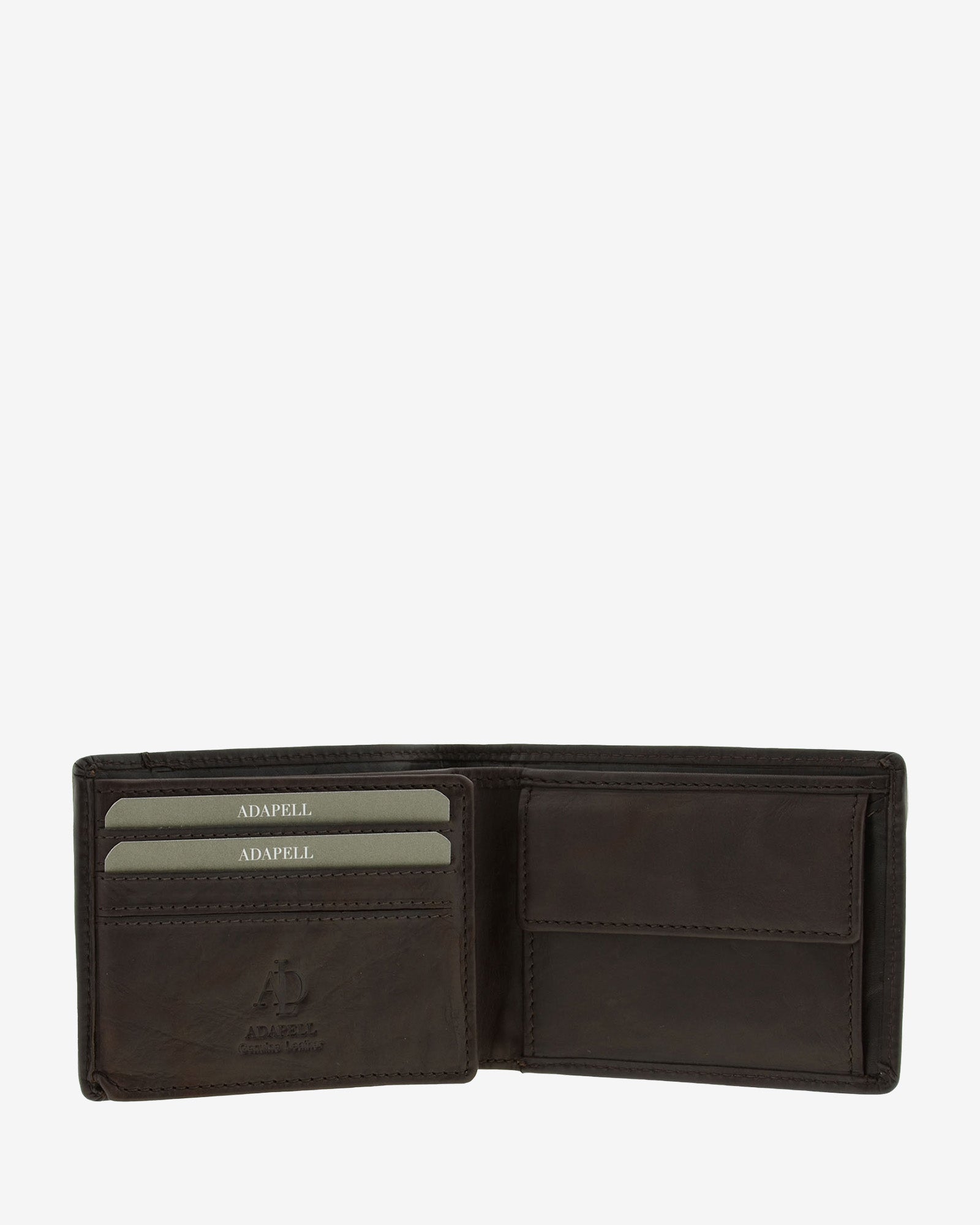 Cartera de hombre de piel genuina en color marrón con costura a contraste, vista interior mostrando compartimentos interiores y monedero, referencia 1647-2