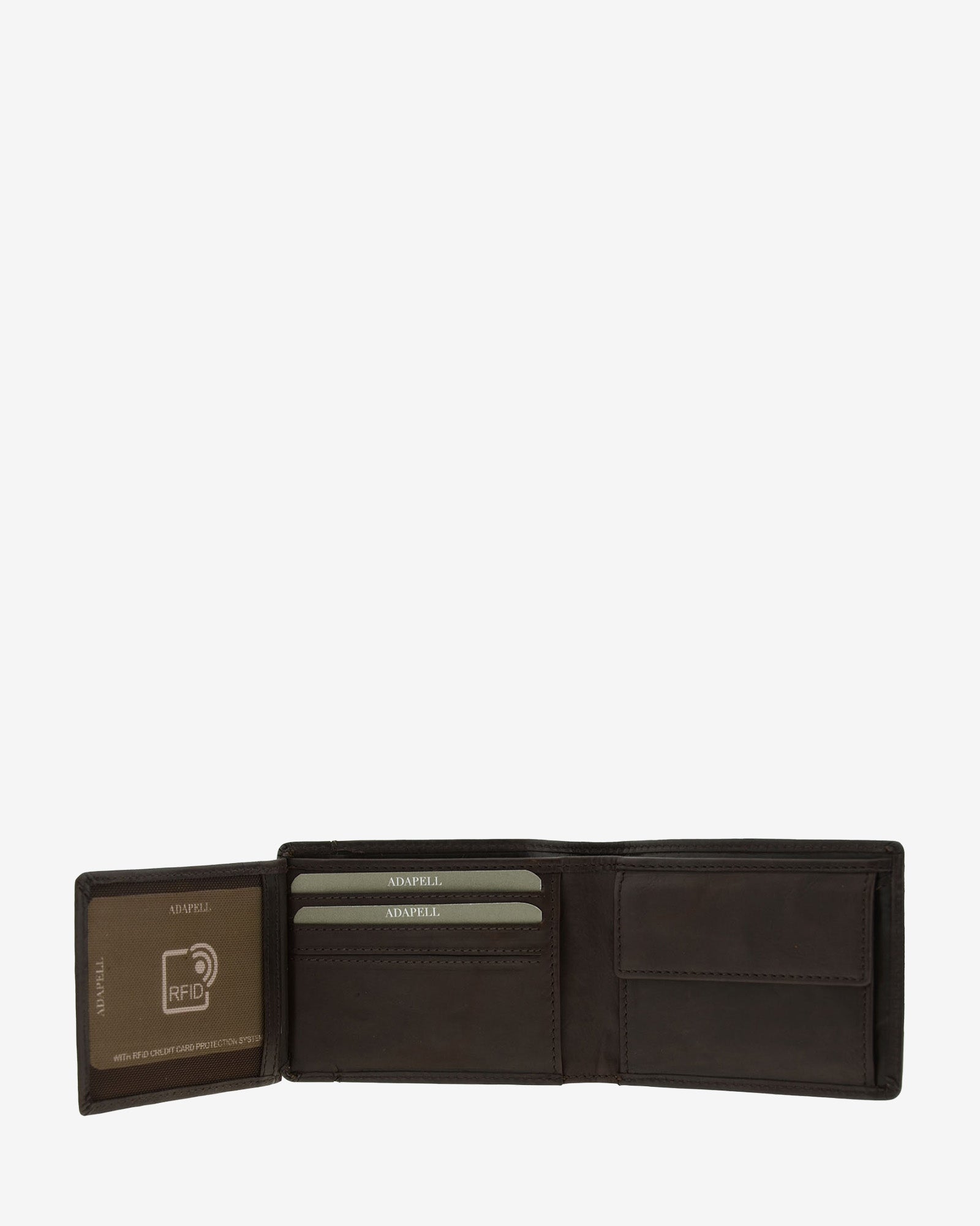 Cartera de hombre de piel genuina en color marrón con costura a contraste, vista interior abierta mostrando compartimentos interiores y monedero, referencia 1647-2