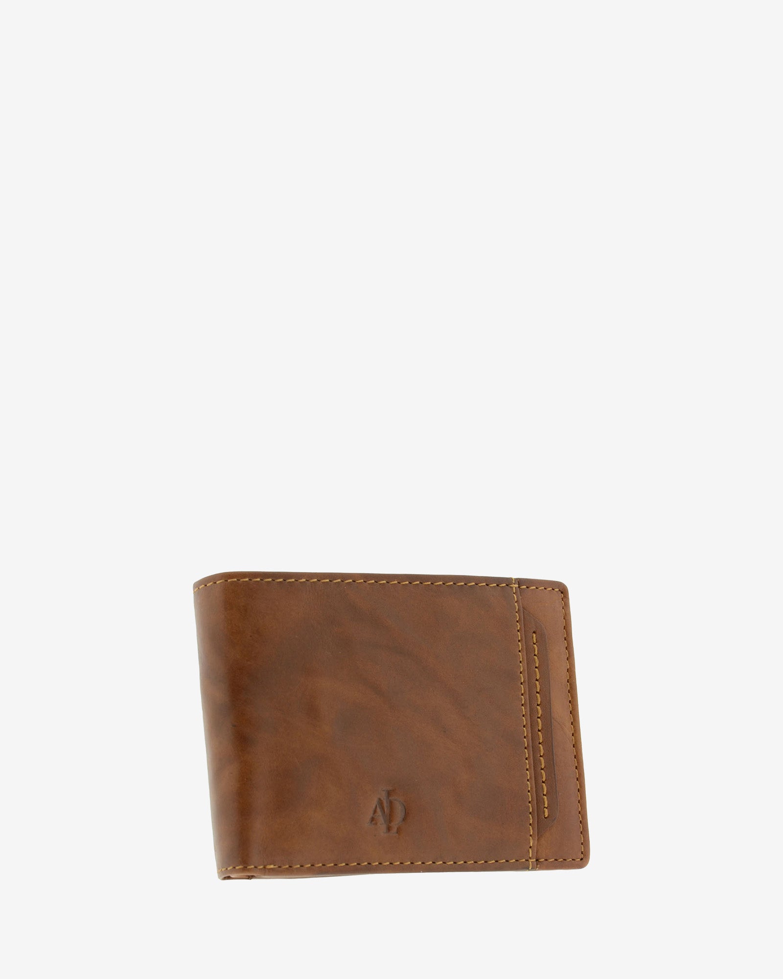 Cartera de hombre pequeña de piel genuina en color cuero con costura a contraste, vista frontal mostrando diseño y volumen, referencia 1648-6