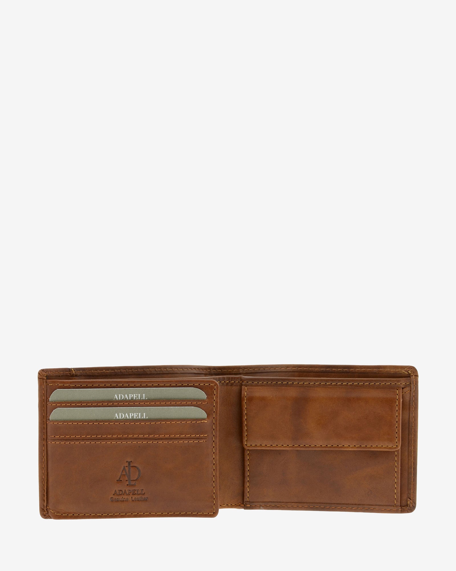 Cartera de hombre pequeña de piel genuina en color cuero con costura a contraste, vista interior mostrando compartimentos interiores y monedero, referencia 1648-6