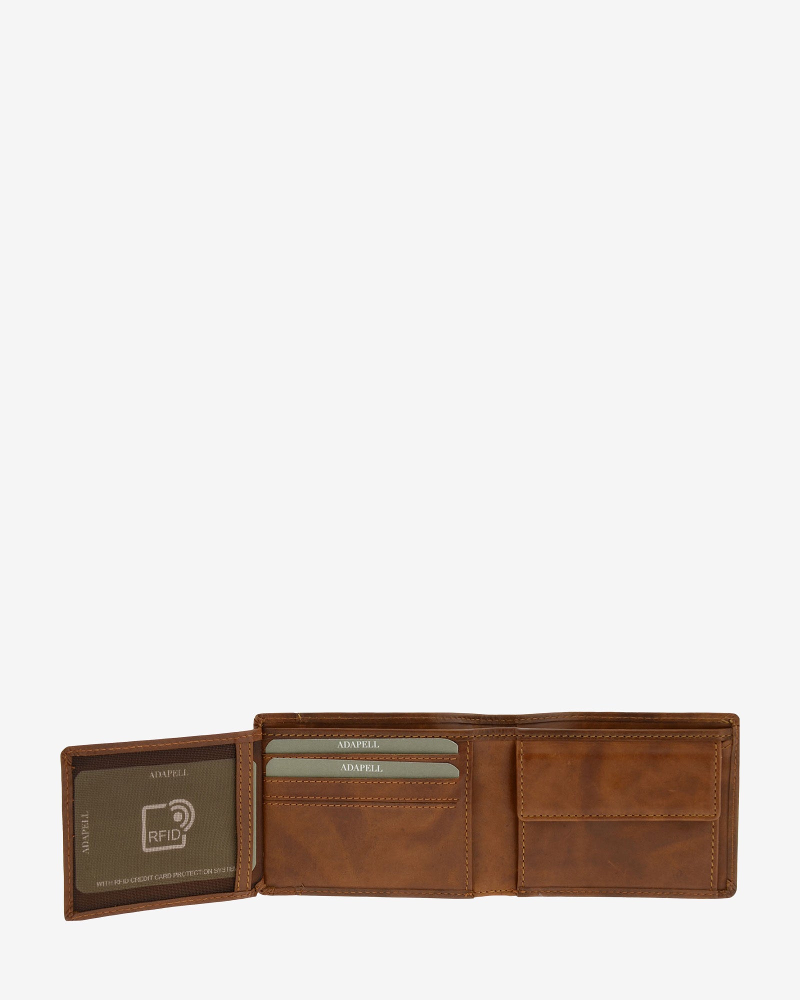 Cartera de hombre pequeña de piel genuina en color cuero con costura a contraste, vista interior abierta mostrando compartimentos interiores y monedero, referencia 1648-6