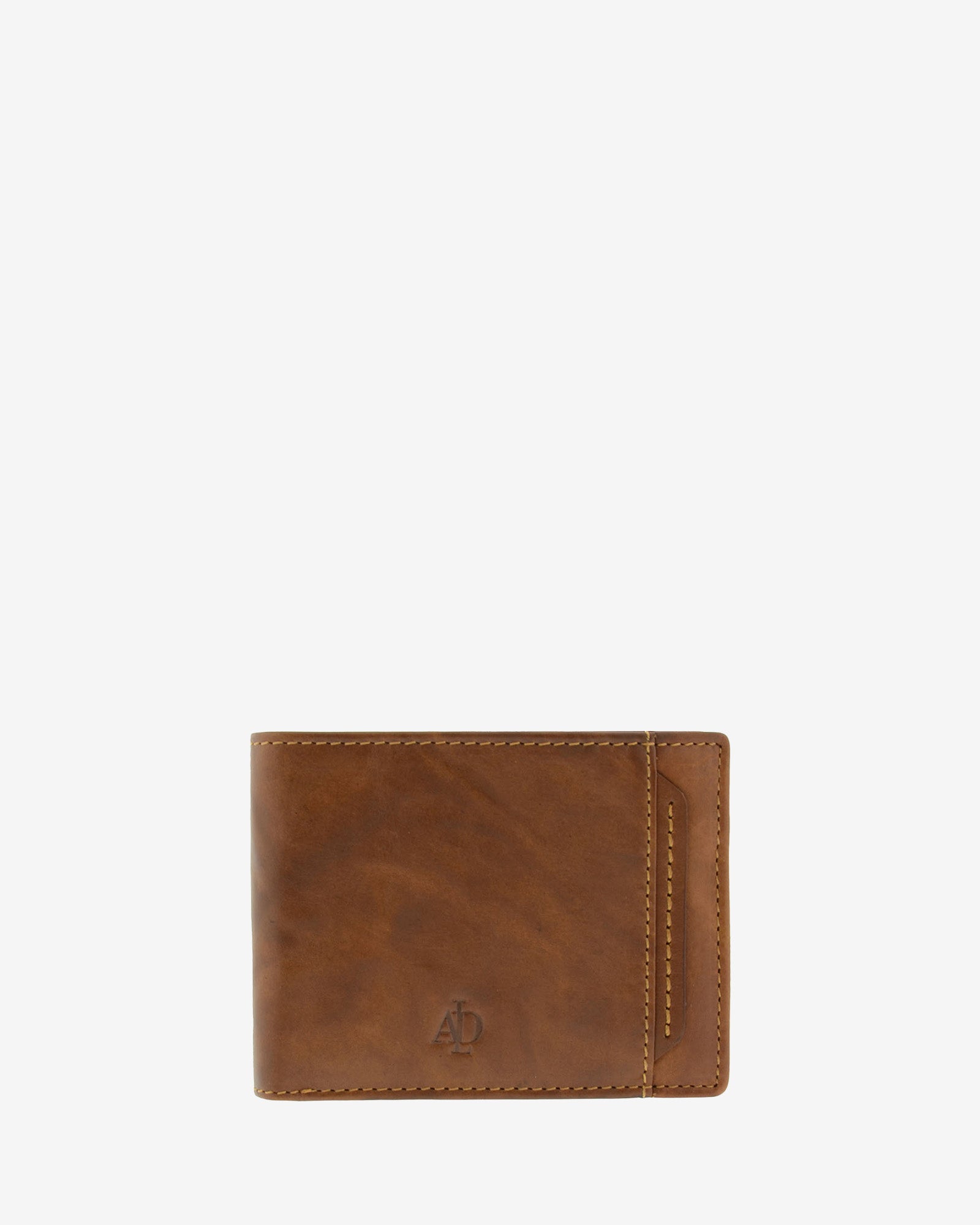 Cartera de hombre pequeña de piel genuina en color cuero con costura a contraste, vista frontal plana mostrando diseño, referencia 1648-6