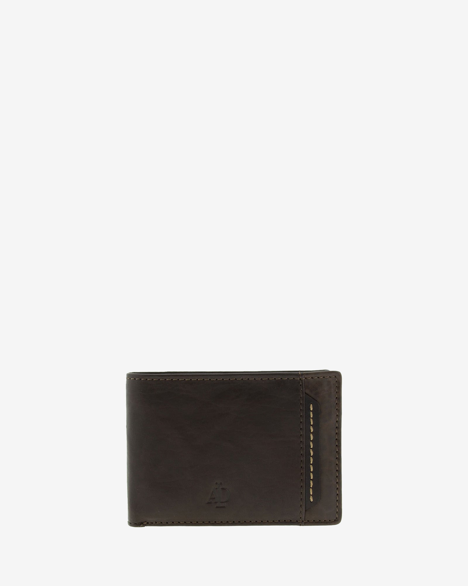 Cartera de hombre pequeña de piel genuina en color marrón con costura a contraste, vista frontal plana mostrando diseño, referencia 1648-2