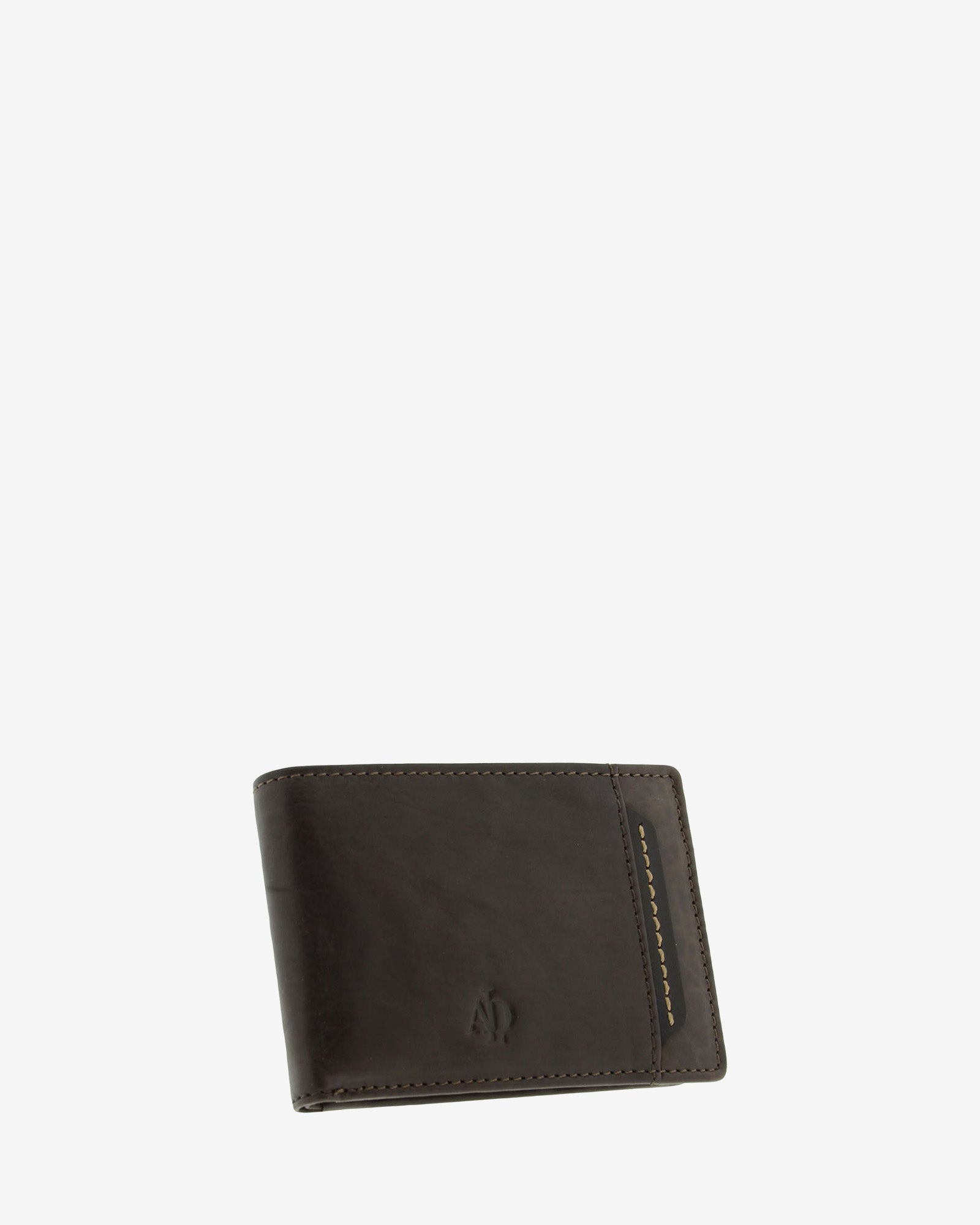 Cartera de hombre pequeña de piel genuina en color marrón con costura a contraste, vista frontal mostrando diseño y volumen, referencia 1648-2