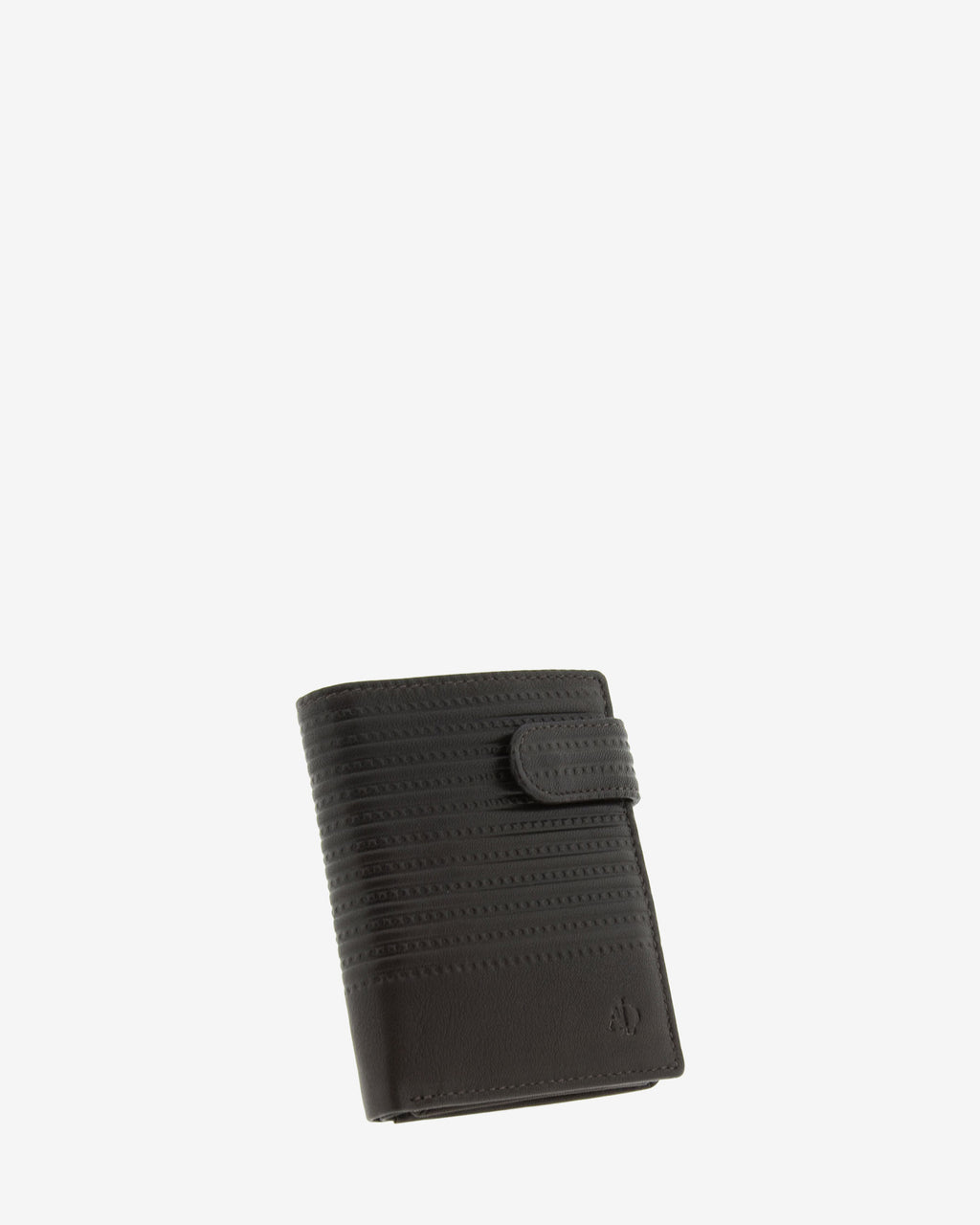 Cartera de piel para hombre, formato vertical y ultrafino, con diseño de rayas horizontales, cierre de botón,  colección Race, color marrón, vista frontal con volumen, referencia 1650-2