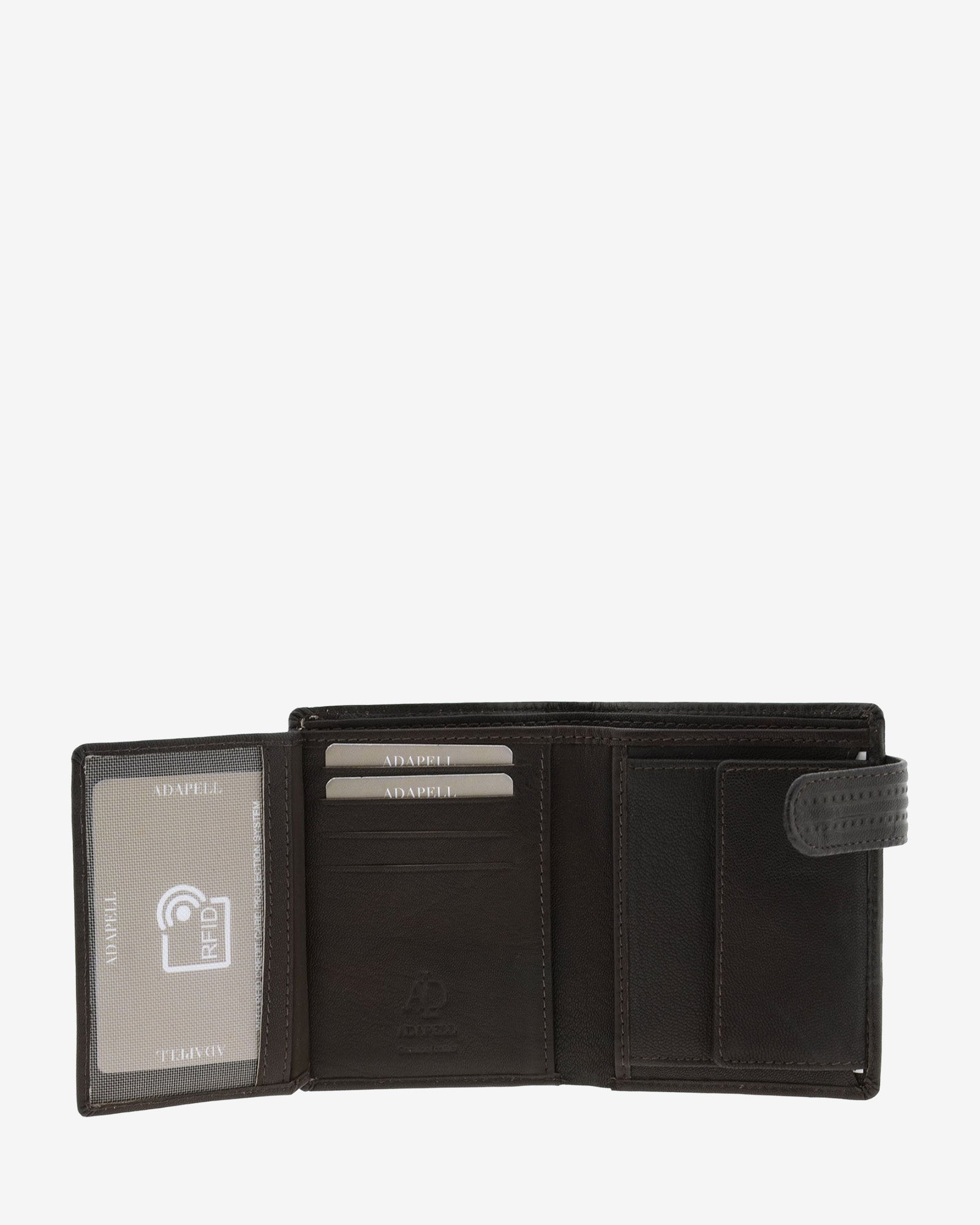 Cartera de piel para hombre, formato vertical y ultrafino, con monedero interior y cierre de botón, colección Race, color marrón, vista interior abierta, referencia 1650-2