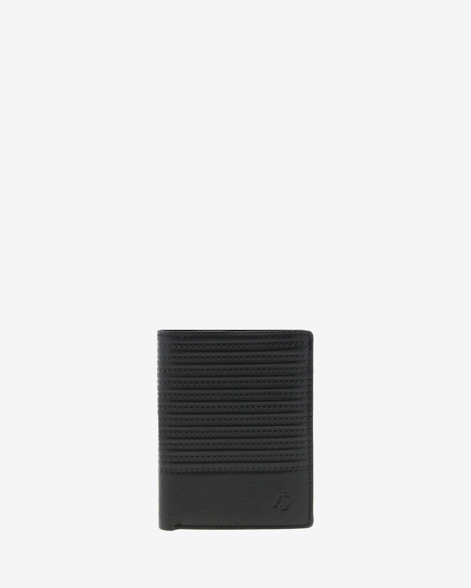 Cartera de piel para hombre, formato vertical y ultrafino, con diseño de rayas horizontales, colección Race, color negro, vista frontal, referencia 1652-1