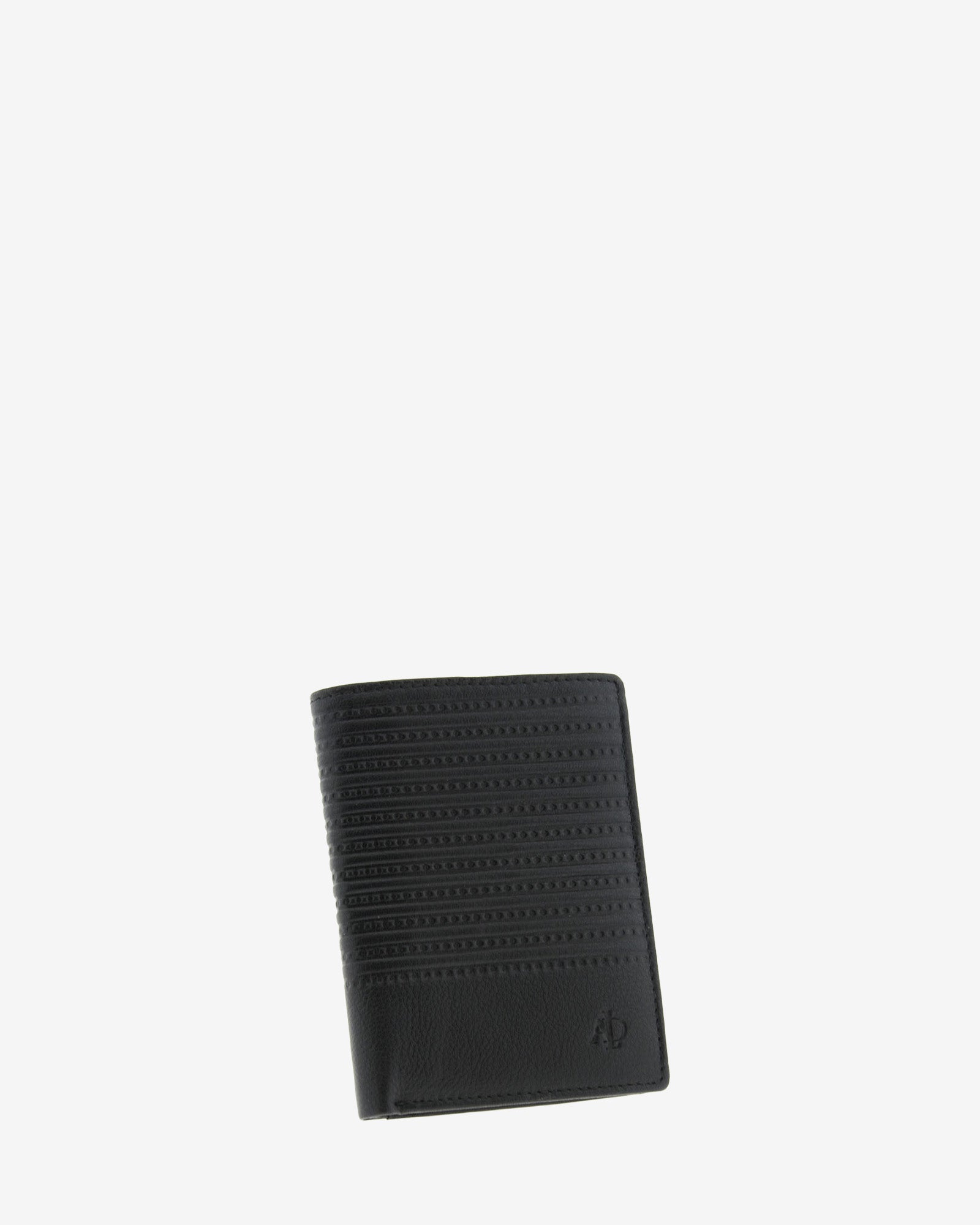 Cartera de piel para hombre, formato vertical y ultrafino, con diseño de rayas horizontales, colección Race, color negro, vista frontal con volumen, referencia 1652-1
