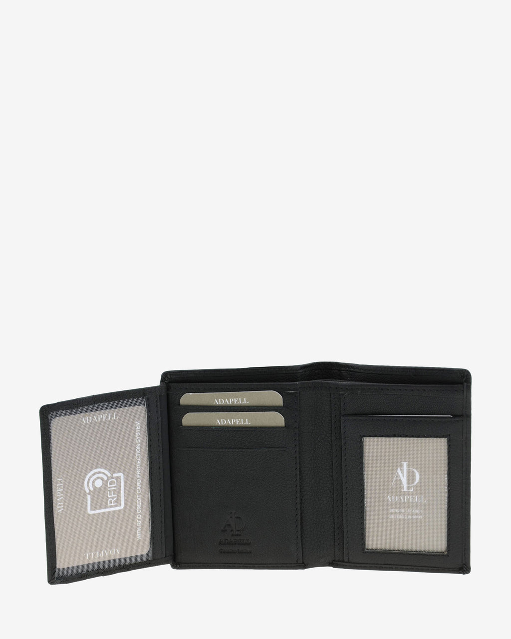 Cartera de piel para hombre, formato vertical y ultrafino, con compartimentos para tarjetas y ventanilla para documento de identidad, colección Race, color negro, vista interior abierta, referencia 1652-1