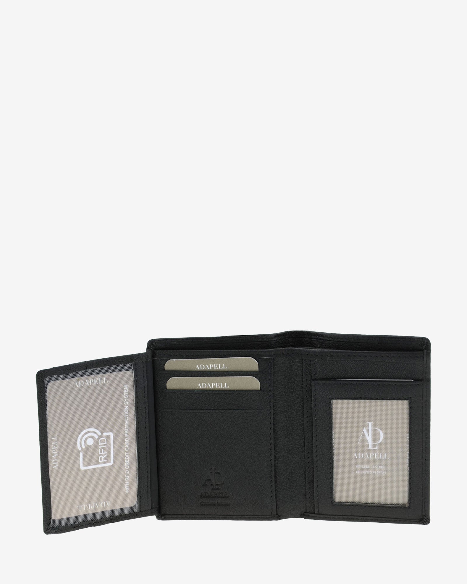Cartera de piel para hombre, formato vertical y ultrafino, con compartimentos para tarjetas y ventanilla para documento de identidad, colección Race, color negro, vista interior abierta, referencia 1652-1