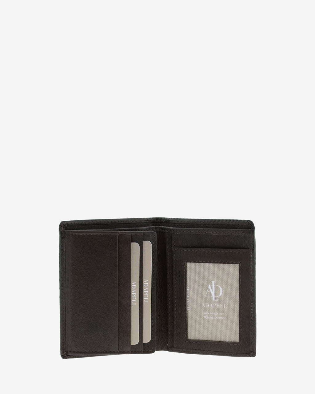 Cartera de piel para hombre, formato vertical y ultrafino, con compartimentos para tarjetas y ventanilla para documento de identidad, colección Race, color marrón chocolate, vista interior, referencia 1652-2
