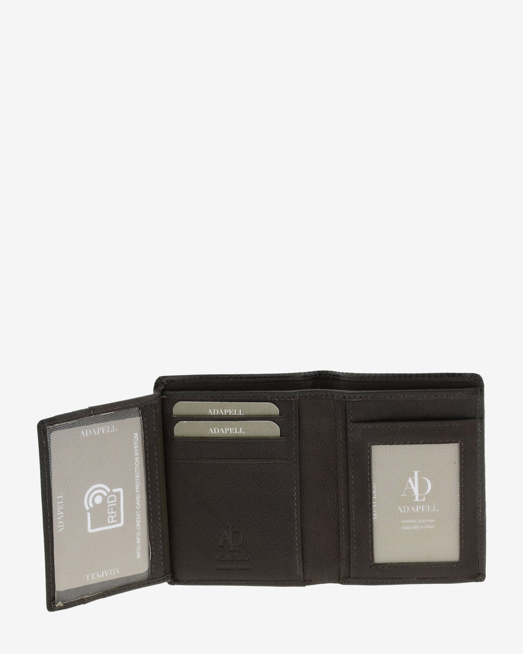 Cartera de piel para hombre, formato vertical y ultrafino, con compartimentos para tarjetas y ventanilla para documento de identidad, colección Race, color marrón chocolate, vista interior abierta, referencia 1652-2