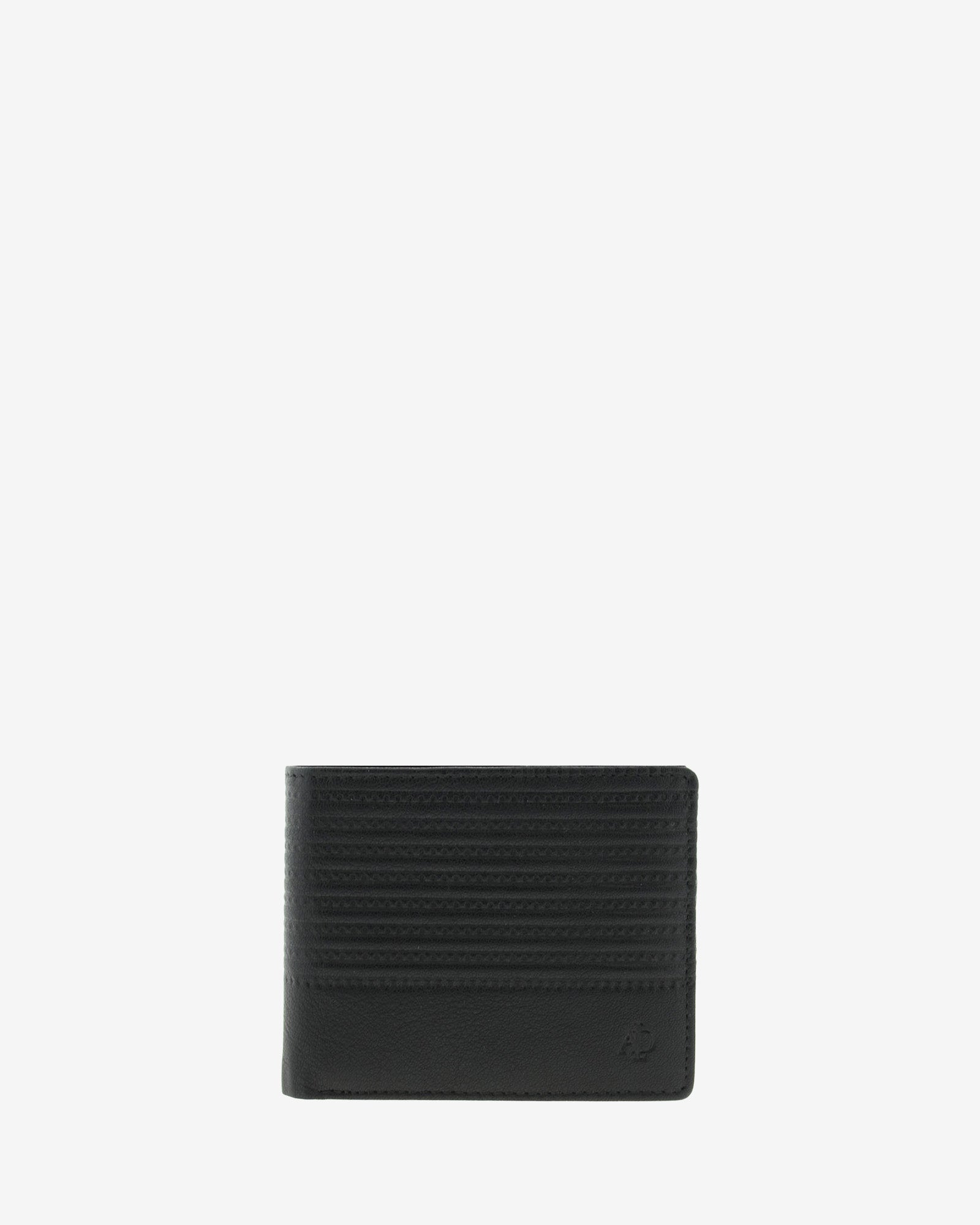 Cartera de hombre negra en piel colección Race, formato horizontal con relieve de rayas y logotipo AD en bajo derecho, vista frontal centrada