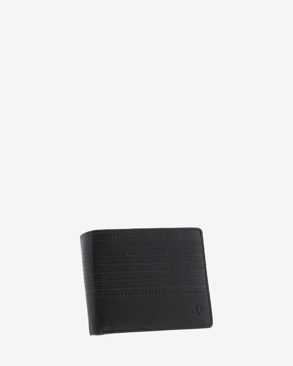 Cartera de hombre negra en piel colección Race, diseño horizontal con relieve de rayas y logotipo  en bajo derecho, vista frontal cerrada