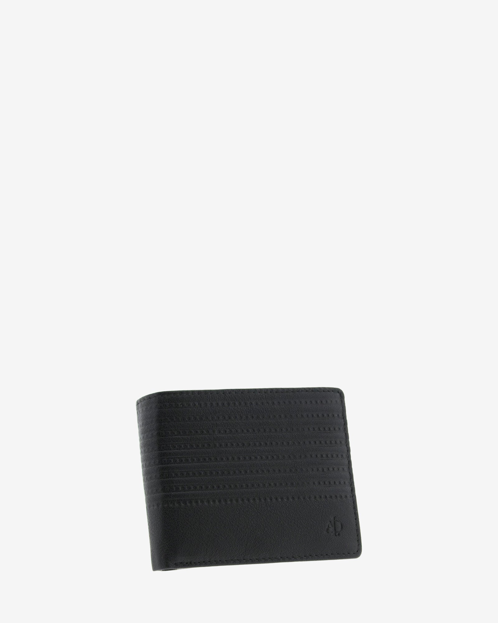 Cartera de hombre negra en piel colección Race, diseño horizontal con relieve de rayas y logotipo  en bajo derecho, vista frontal cerrada