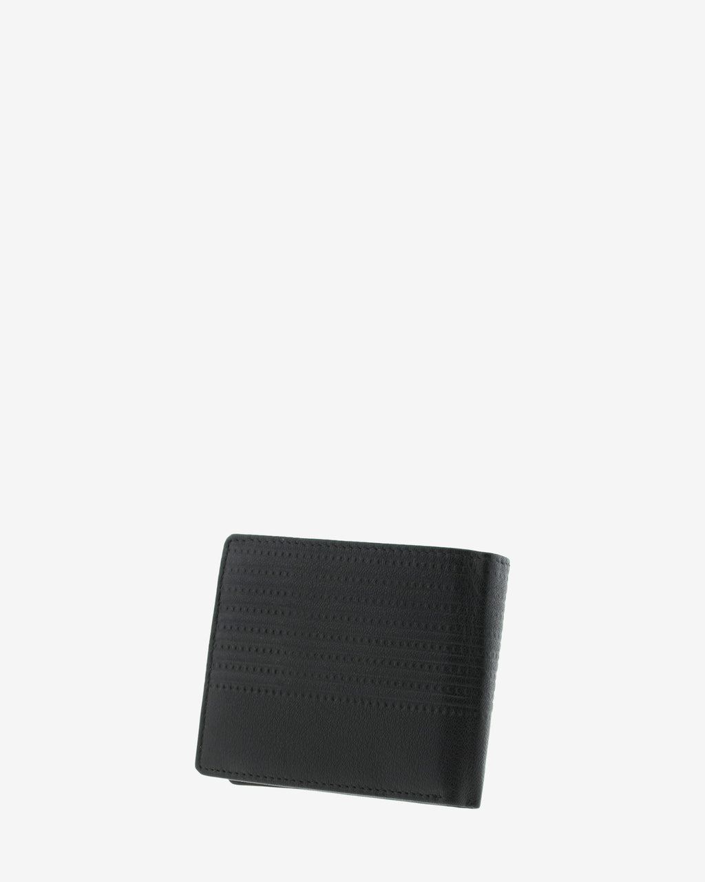 Cartera de hombre negra en piel colección Race, formato horizontal con relieve de rayas, vista trasera cerrada