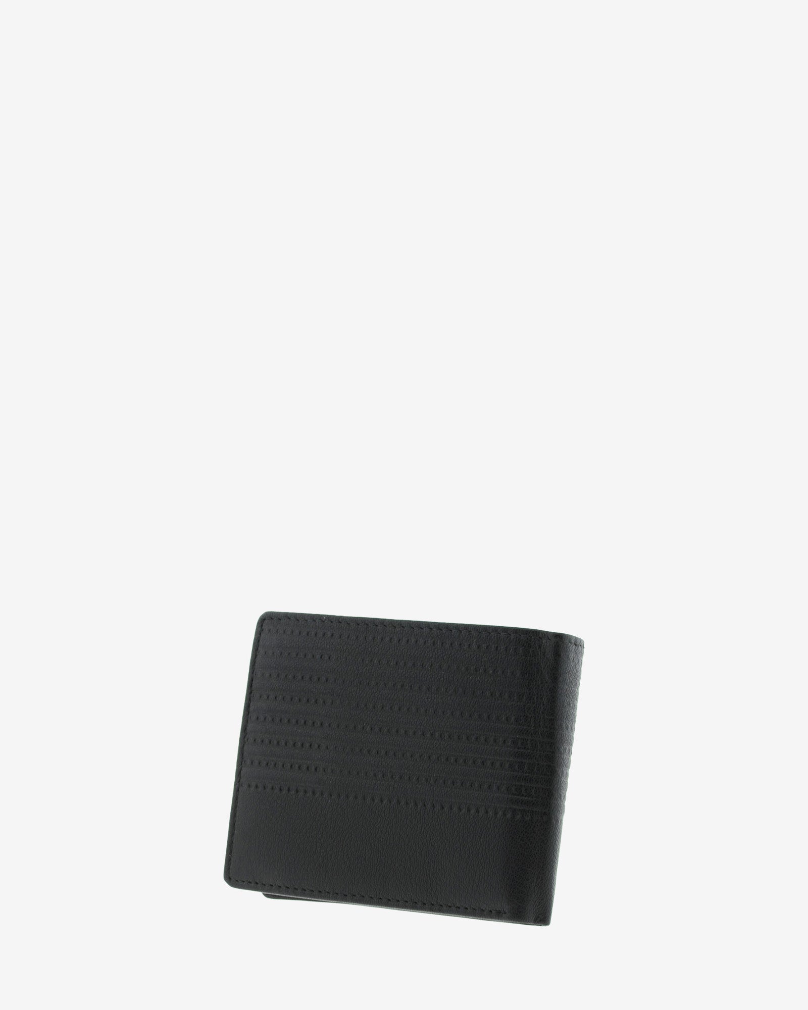 Cartera de hombre negra en piel colección Race, formato horizontal con relieve de rayas, vista trasera cerrada