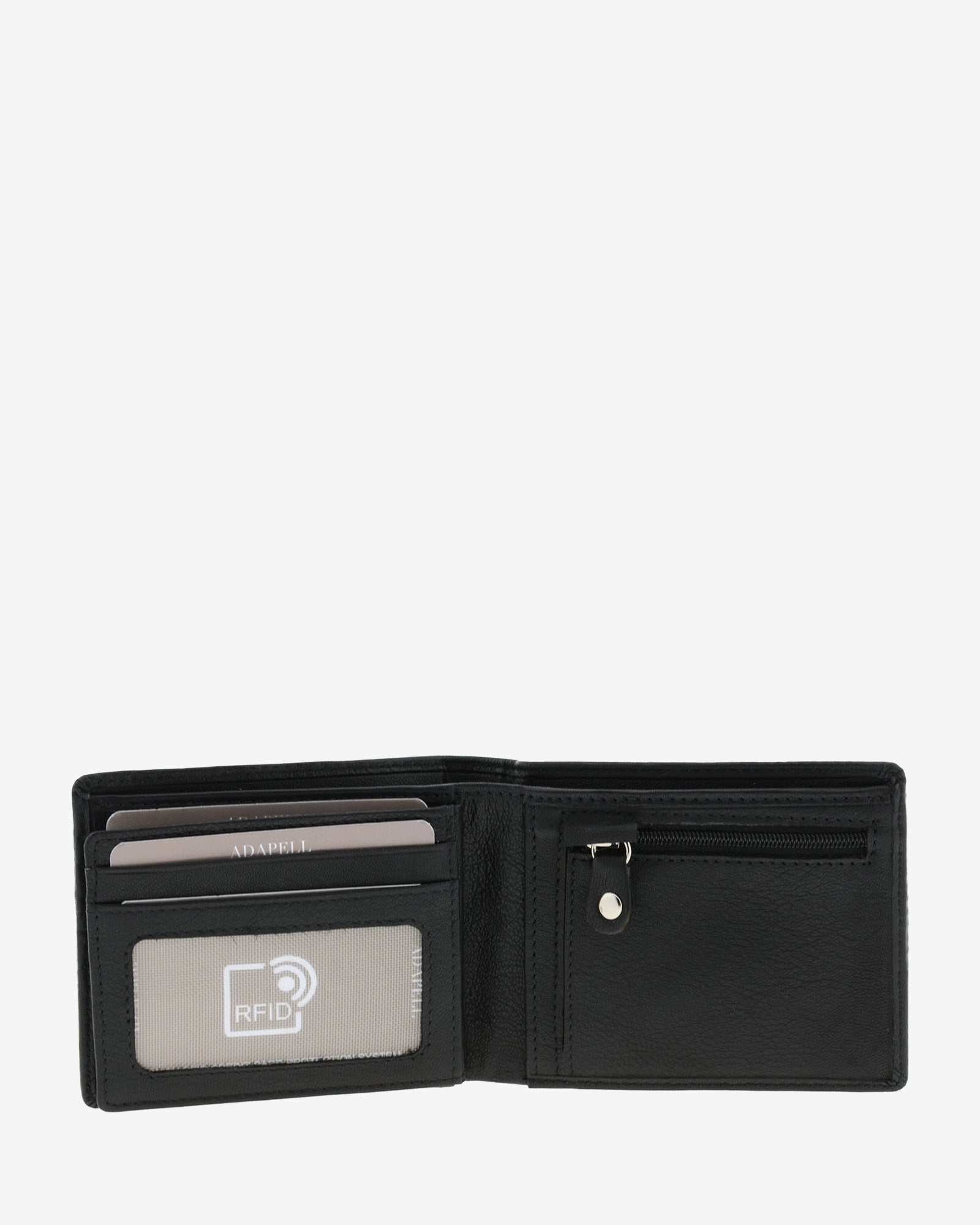 Interior de cartera de hombre negra en piel colección Race, formato horizontal, con monedero con cremallera, tarjetero y ventana identificadora con protección RFID