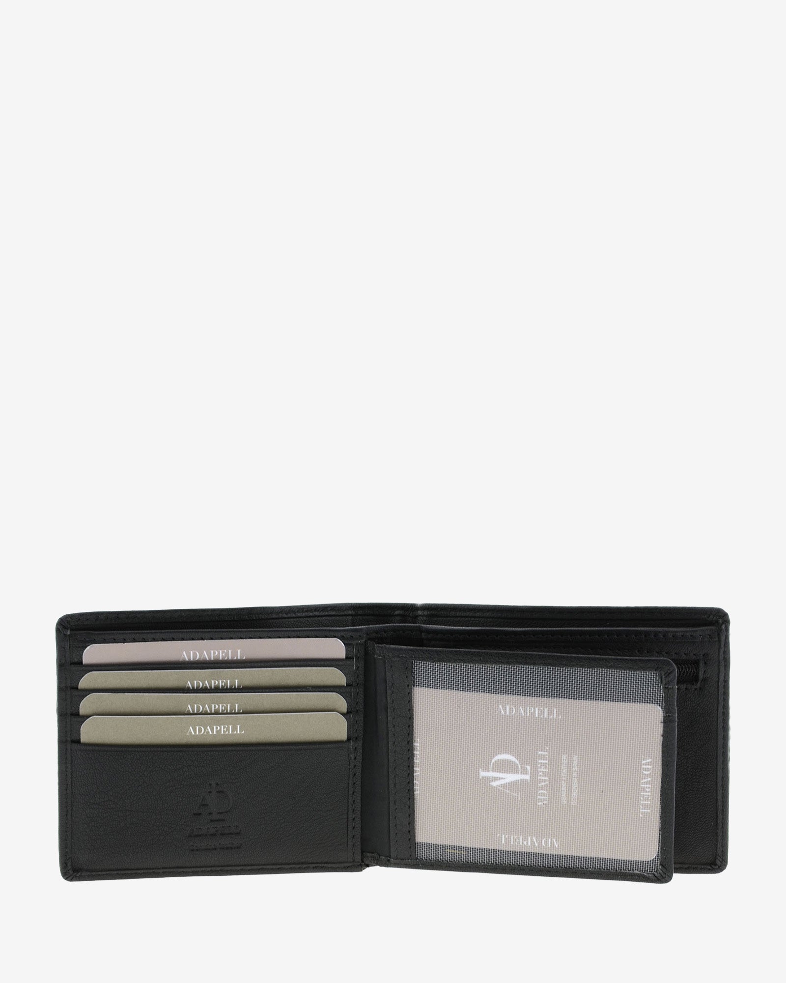 Interior de cartera de hombre negra en piel colección Race, formato horizontal, con tarjeteros múltiples y ventana para documento identificador