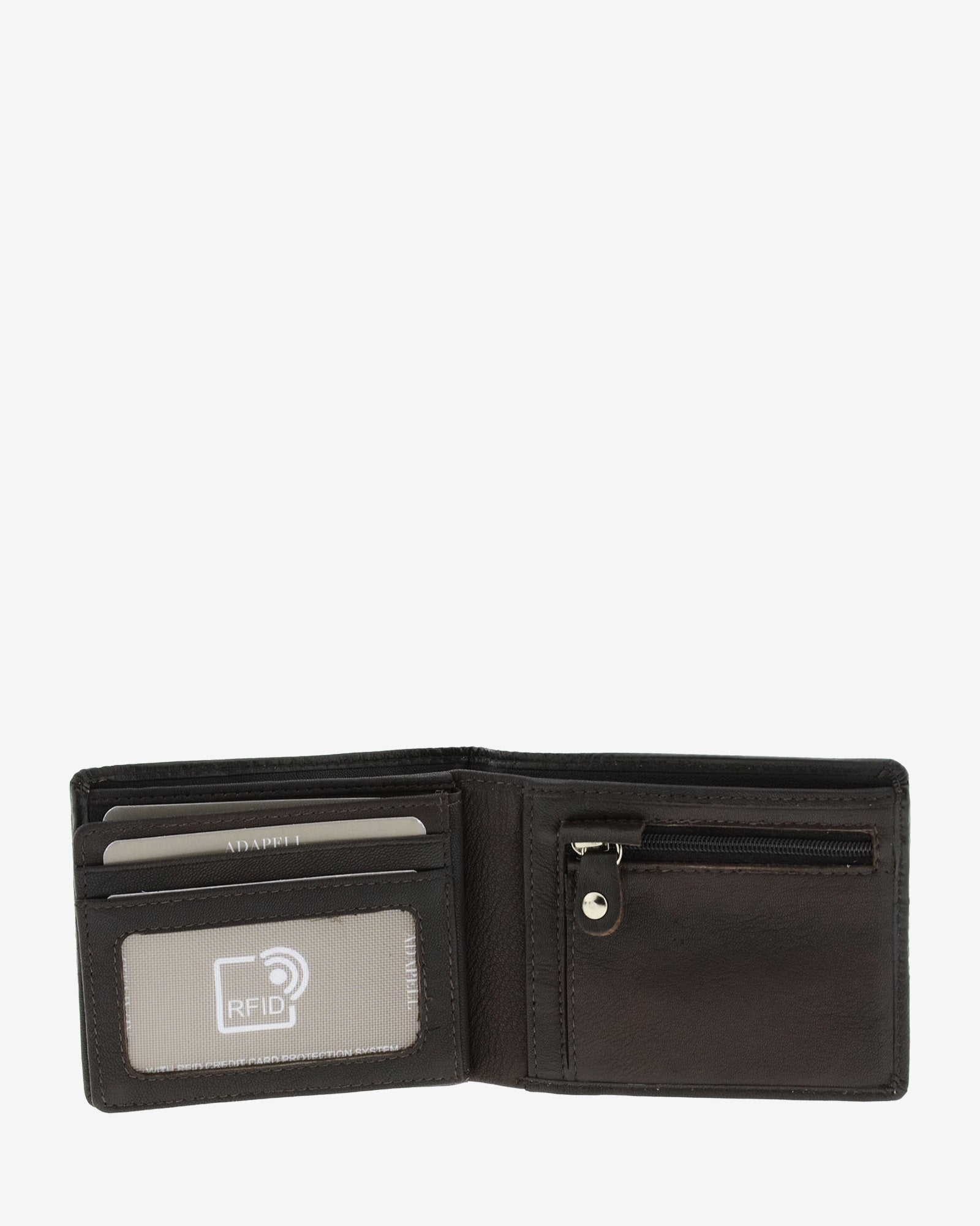 Interior cartera hombre marrón chocolate Adapell colección Race, con tarjetero, monedero con cremallera y ventana identificadora - referencia 1653-2