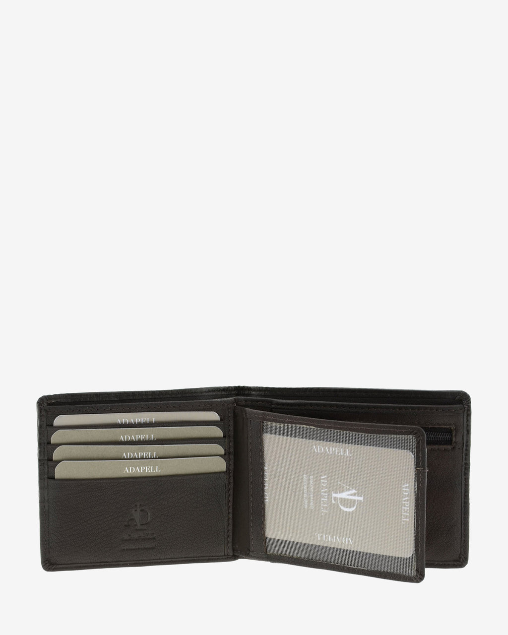 Interior cartera hombre marrón chocolate Adapell colección Race, con múltiples ranuras para tarjetas y ventana transparente extraíble - referencia 1653-2