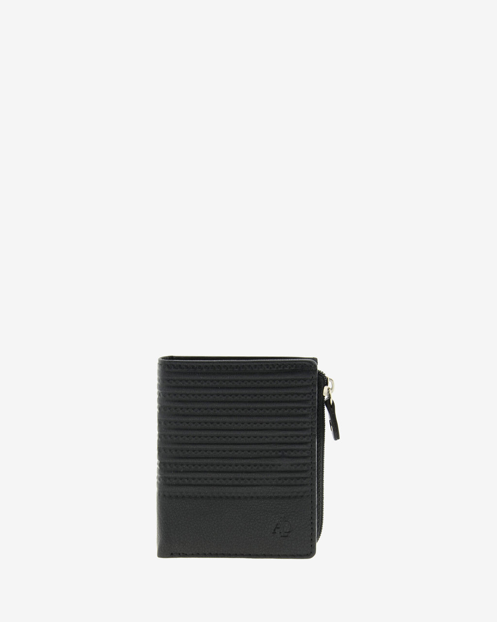Cartera vertical ultrafina de piel negra con diseño de rayas en relieve y cremallera lateral, colección Race - Ref. 1654-1 - Vista frontal centrada