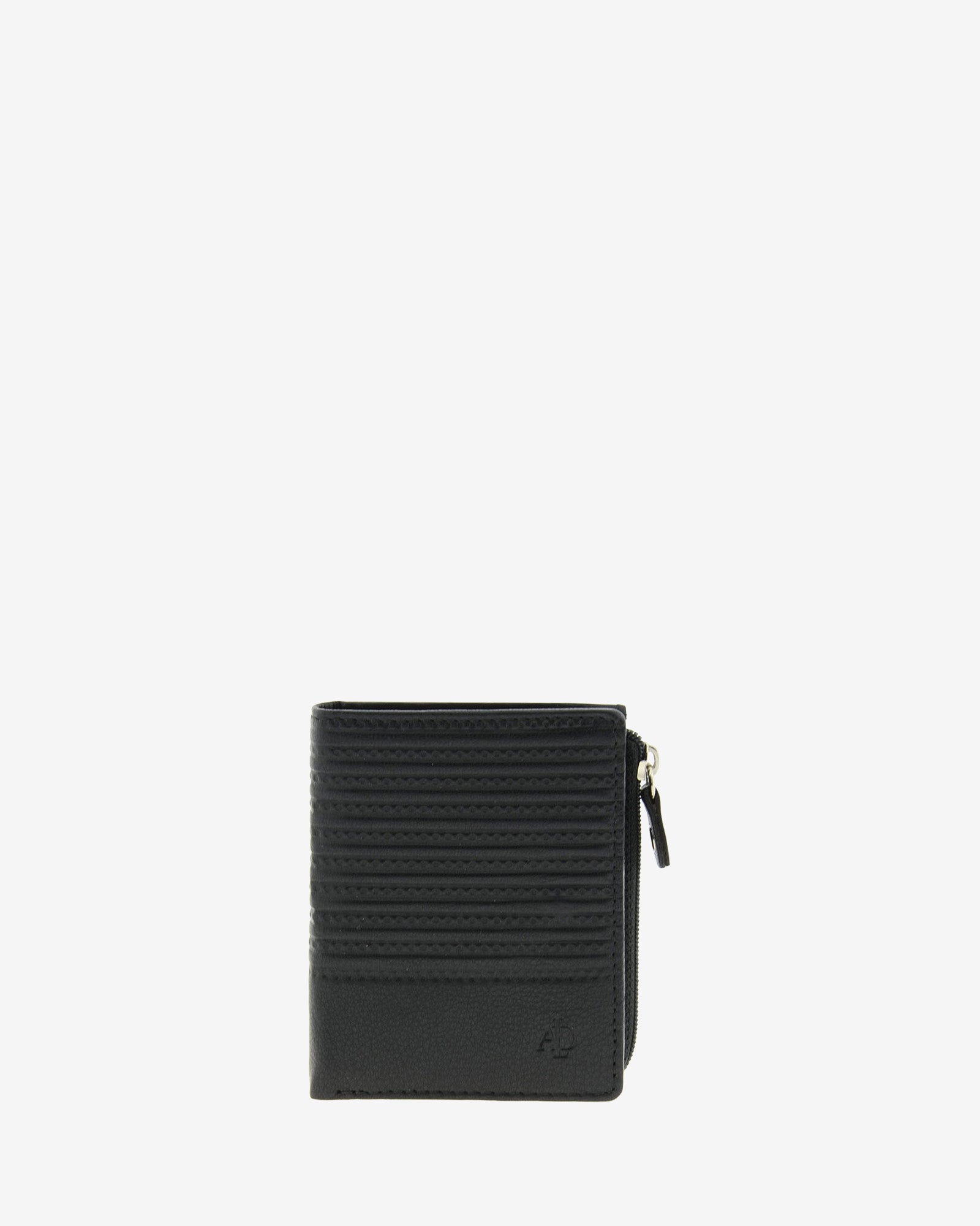 Cartera vertical ultrafina de piel negra con diseño de rayas en relieve y cremallera lateral, colección Race - Ref. 1654-1 - Vista frontal centrada