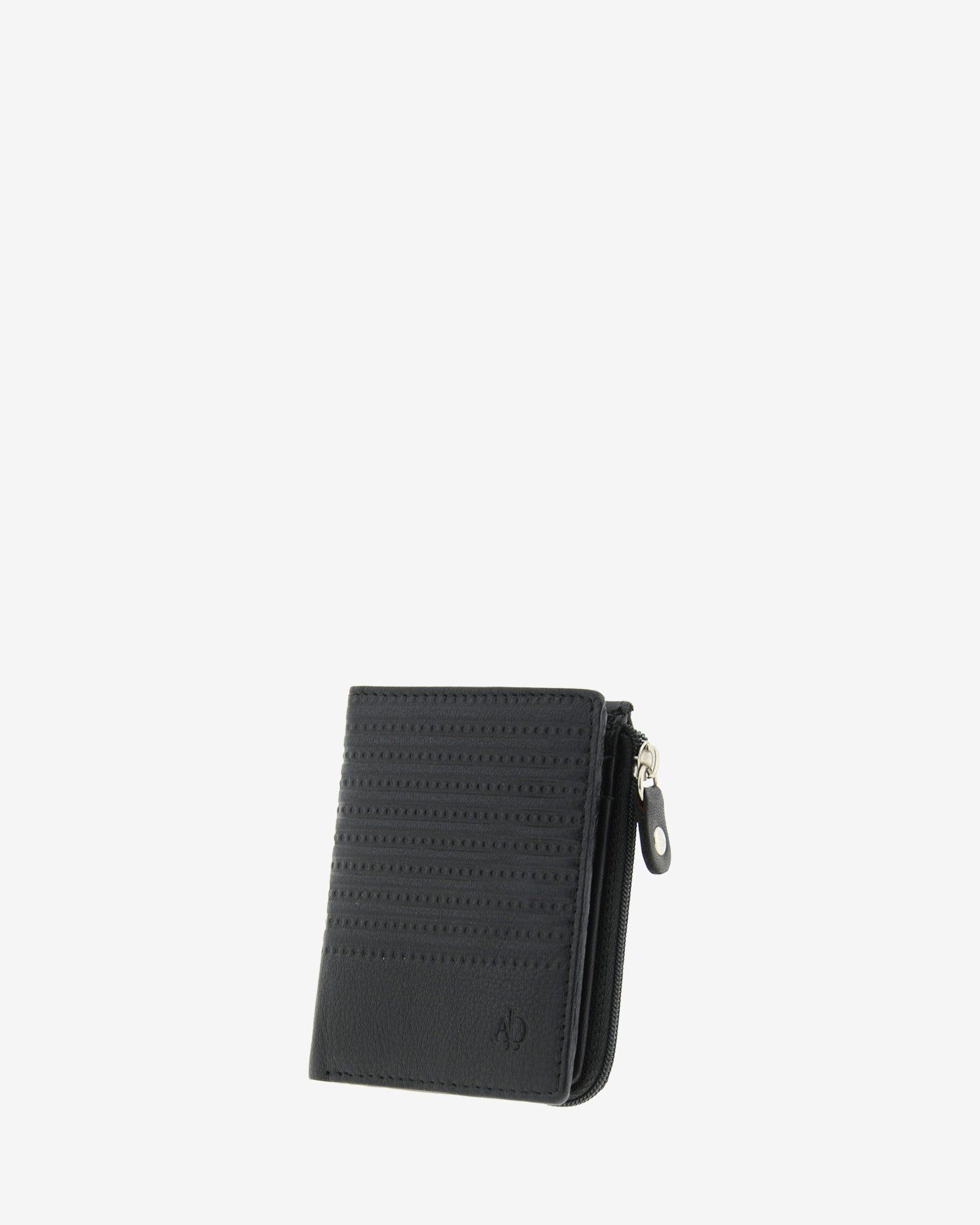 Cartera vertical ultrafina de piel negra con diseño de rayas en relieve y cremallera lateral, trasera con portamonedas,  colección Race - Ref. 1654-1 - Vista en ángulo