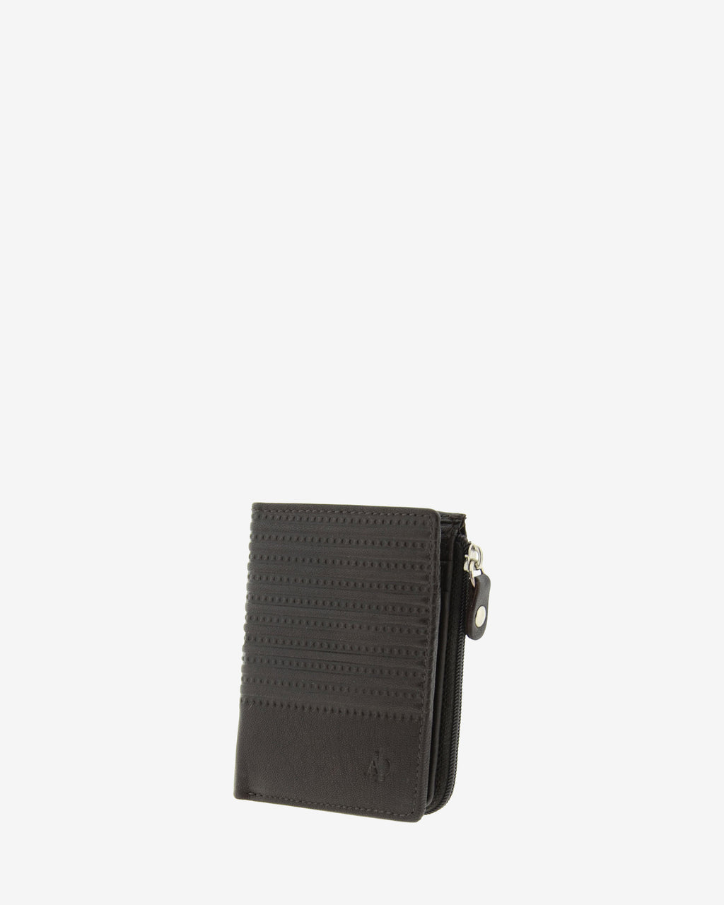 Cartera vertical ultrafina de piel marrón con grabado lineal y portamonedas de cremallera trasera- Vista frontal