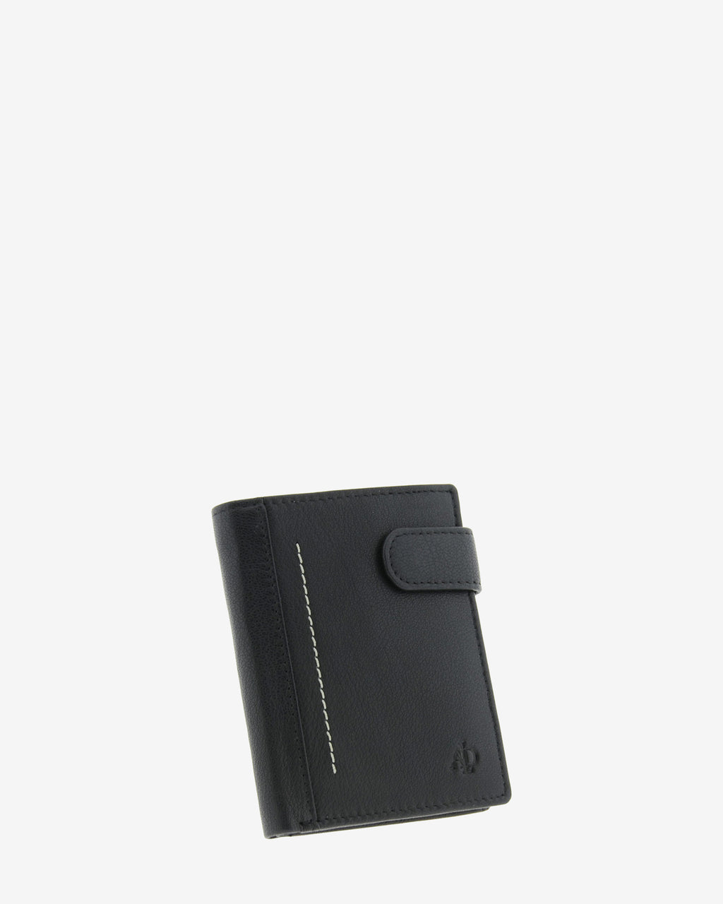 Cartera de hombre Maxwell Slim en piel negra con cierre de broche y costura decorativa vertical en contraste, vista frontal en ángulo.