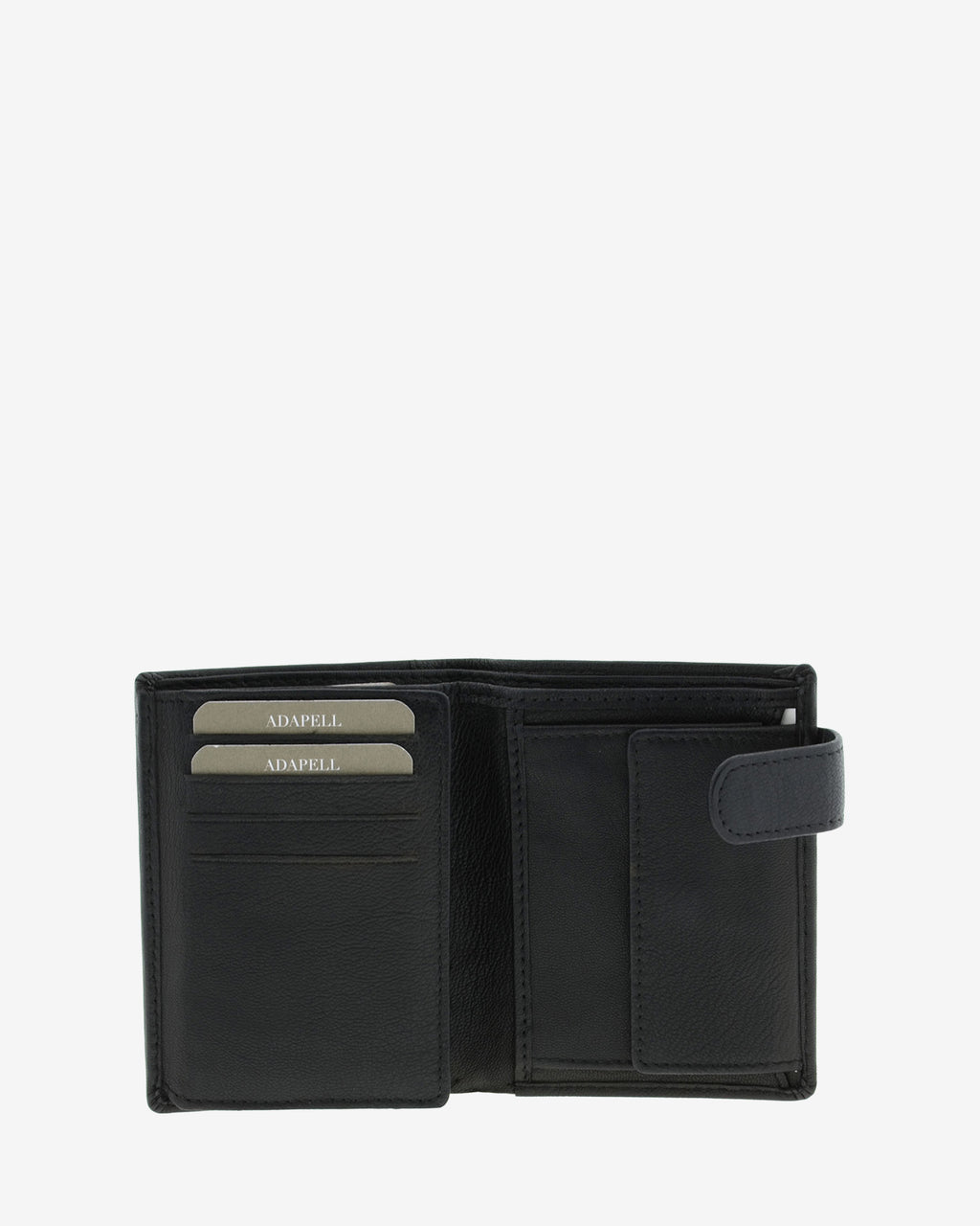 Interior de cartera de hombre Maxwell Slim en piel negra con compartimentos para tarjetas, portamonedas, con cierre de solapa y bolsillo para billetes.